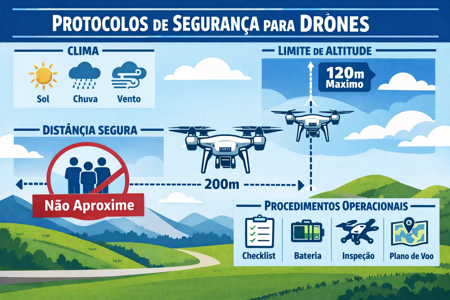 Infográfico de protocolos de segurança de drones em Português