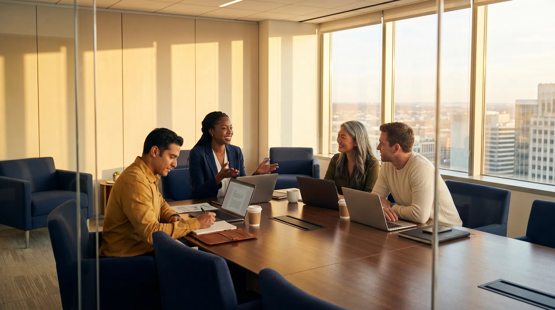 Diverse team of professionals collaborating in a modern conference room