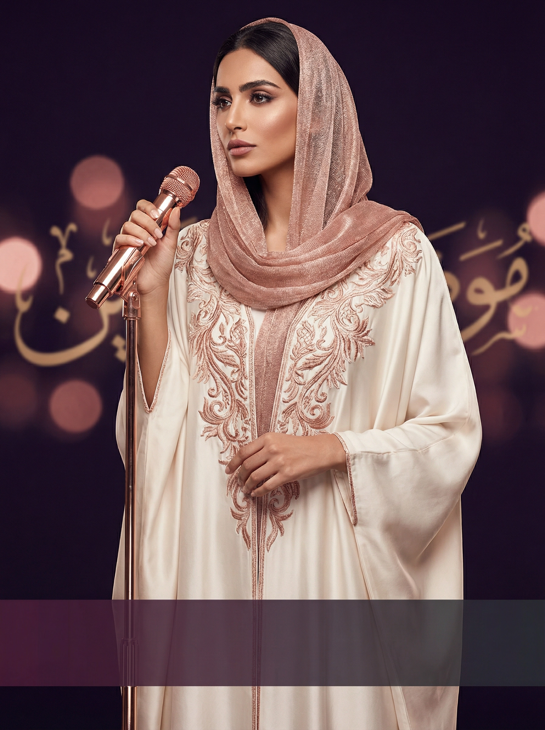 Elegant Arab woman in ivory abaya with rose gold embroidery holding a microphone — SHEQONOMI Arabic Channel