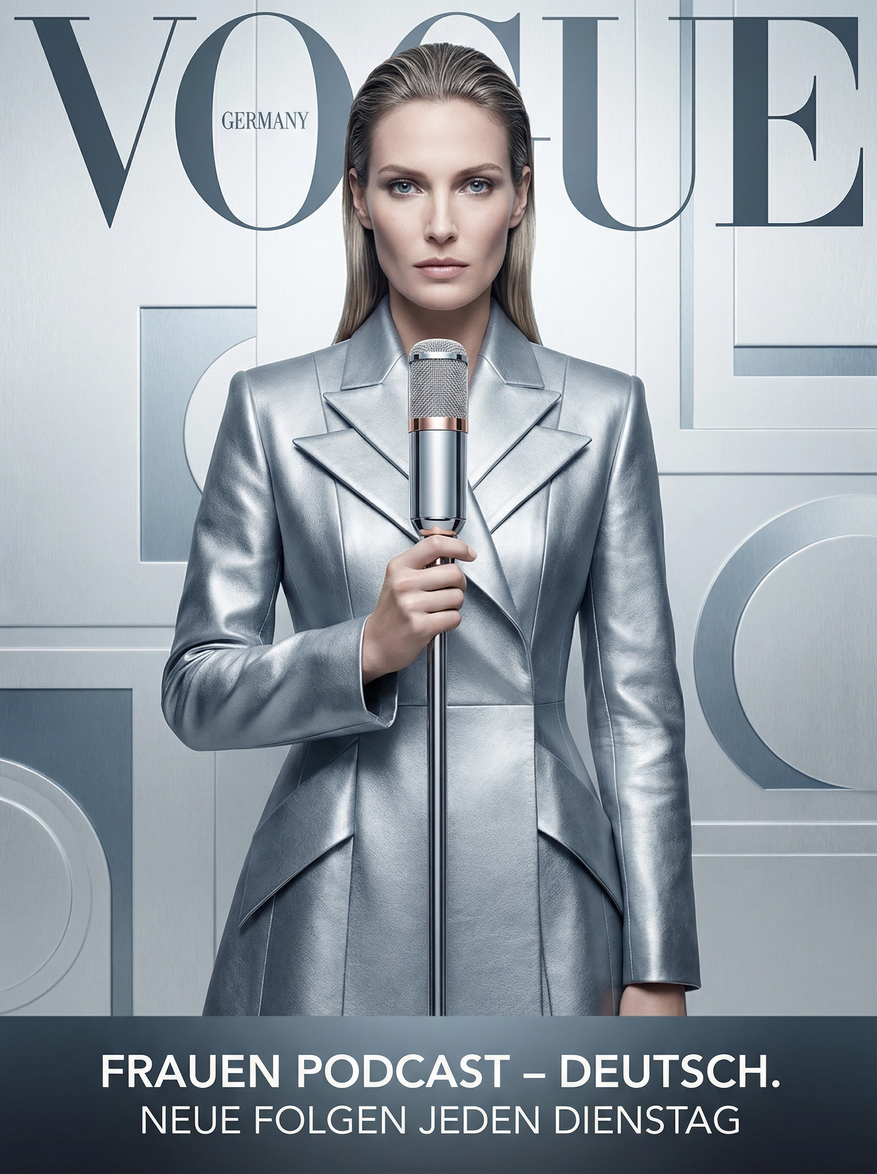 Elegant European woman in silver metallic structured coat holding a microphone — SHEQONOMI German Channel