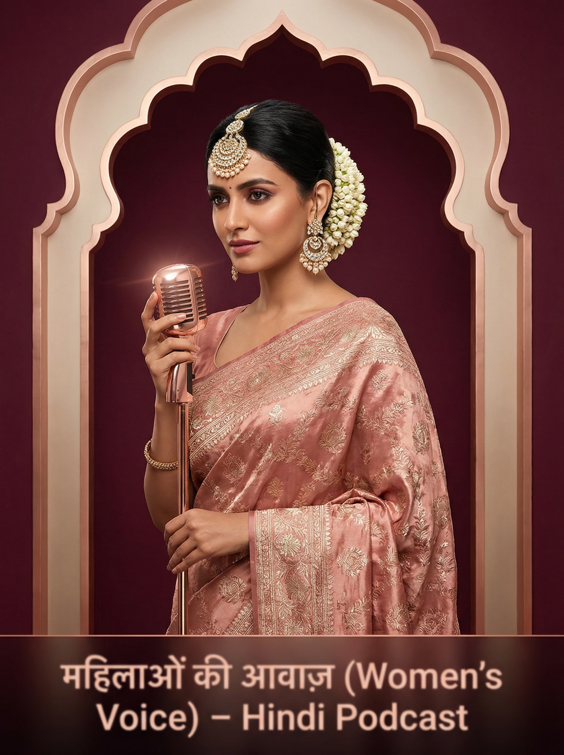 Elegant Indian woman in rose gold Banarasi saree with Mughal arch backdrop holding a microphone — SHEQONOMI Hindi Channel