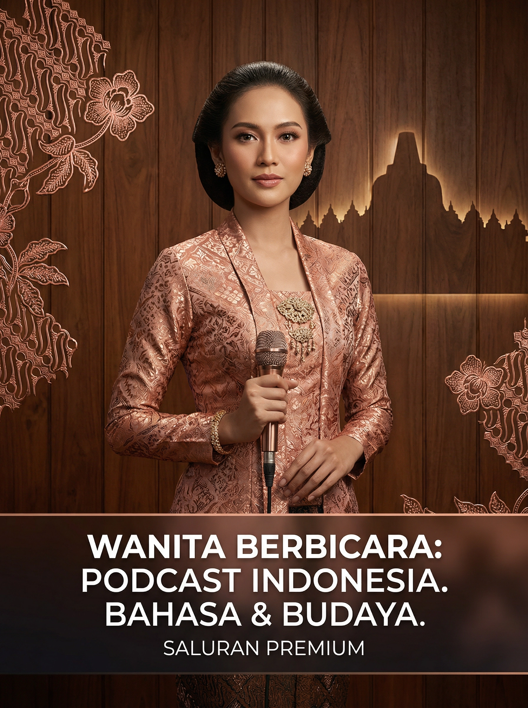 Elegant Indonesian woman in rose gold batik kebaya with Borobudur backdrop holding a microphone — SHEQONOMI Indonesian Channel