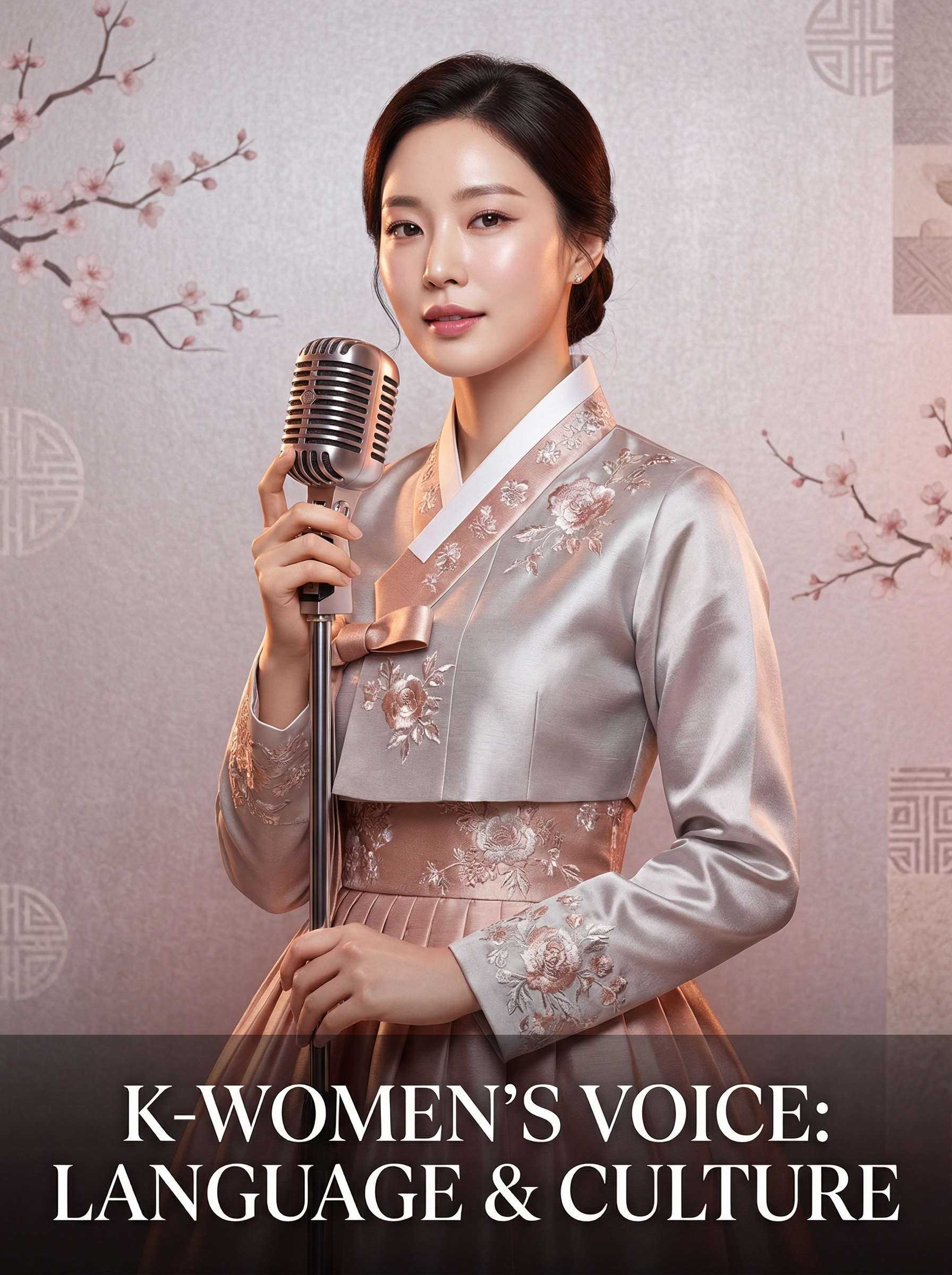 Elegant Korean woman in silver rose gold Hanbok with cherry blossom backdrop holding a microphone — SHEQONOMI Korean Channel