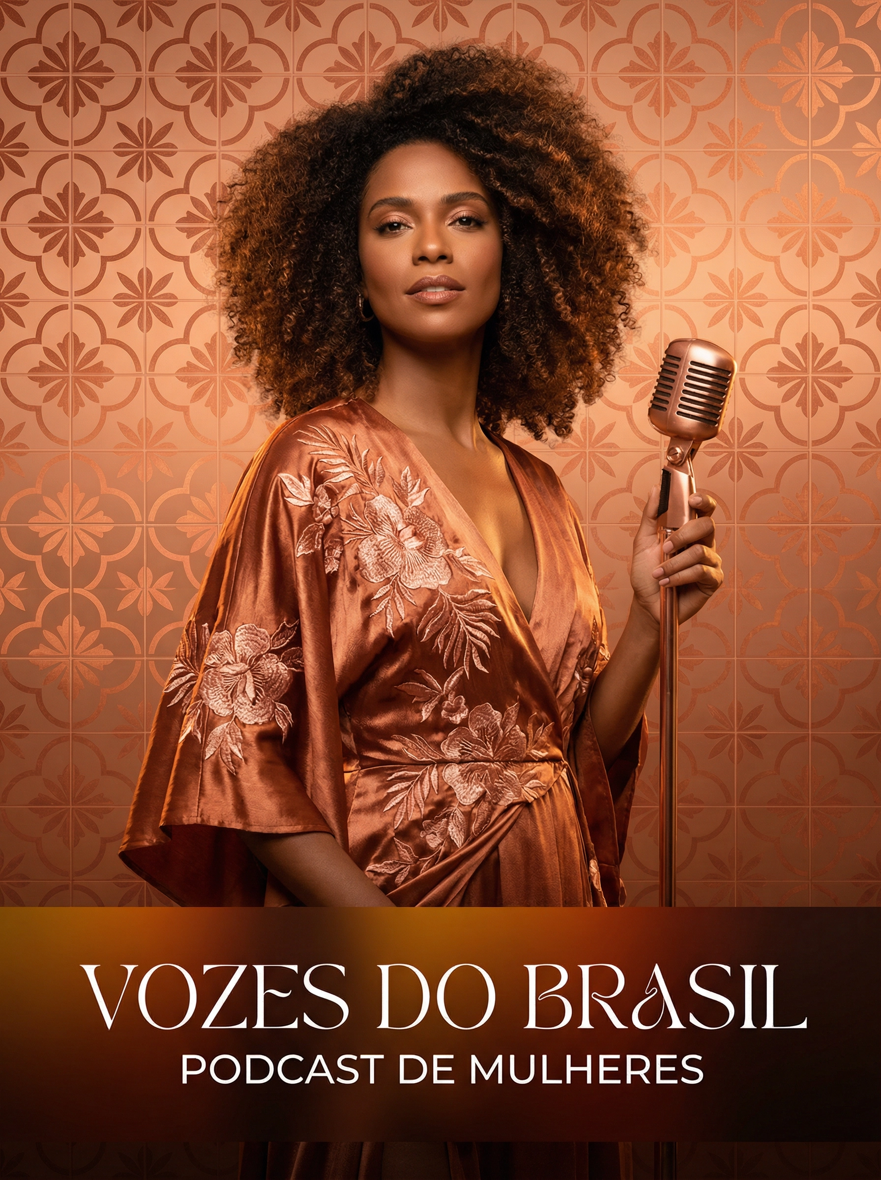 Elegant Brazilian woman in copper metallic silk dress holding a microphone — SHEQONOMI Portuguese Channel