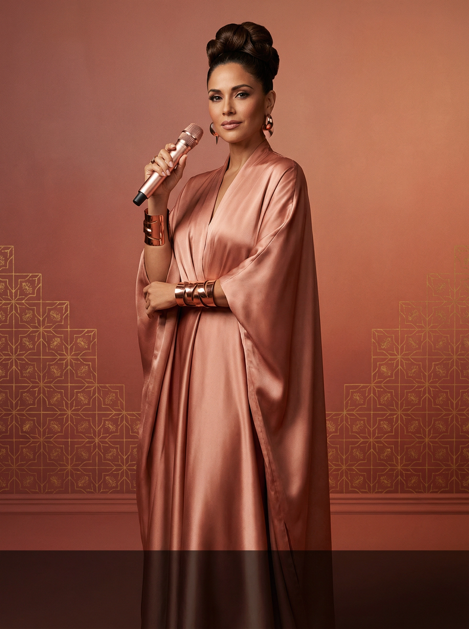 Elegant Latina woman in rose gold silk dress holding a microphone — SHEQONOMI Spanish Channel