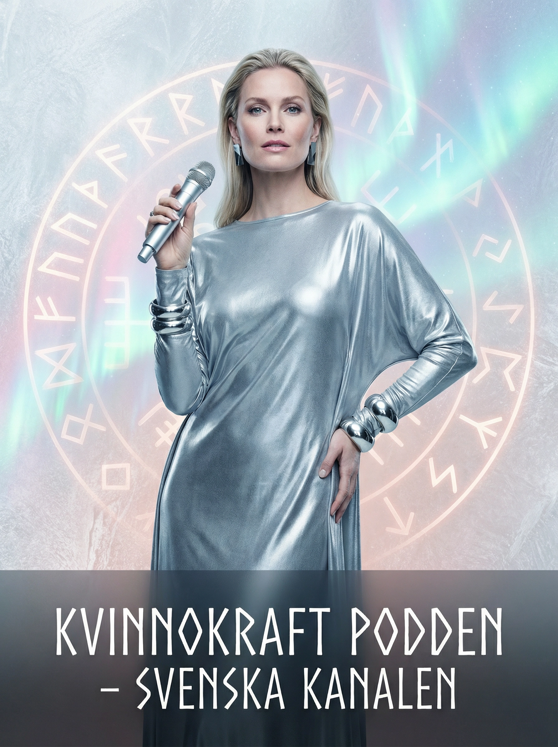 Elegant Scandinavian woman in silver metallic gown with aurora borealis background holding a microphone — SHEQONOMI Swedish Channel