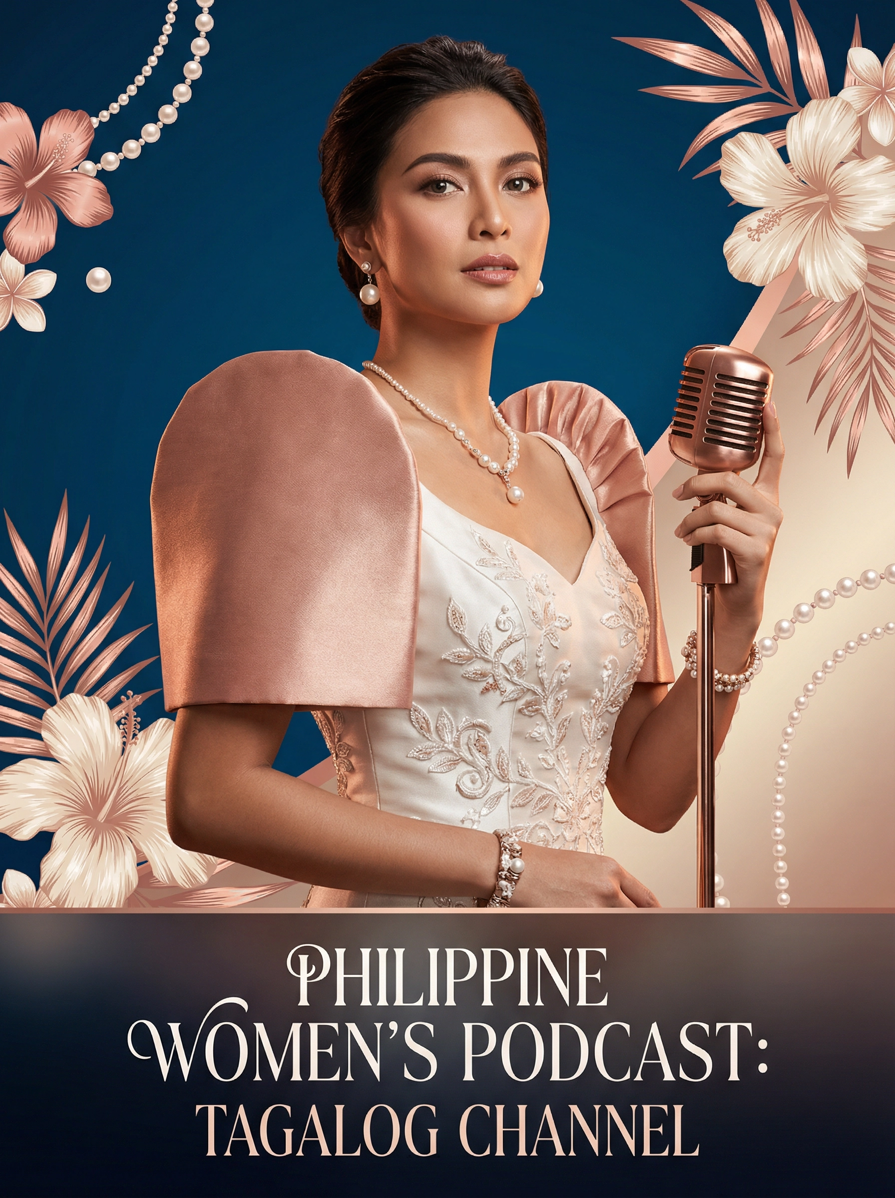 Elegant Filipina woman in pearl white Terno gown with rose gold butterfly sleeves holding a microphone — SHEQONOMI Tagalog Channel