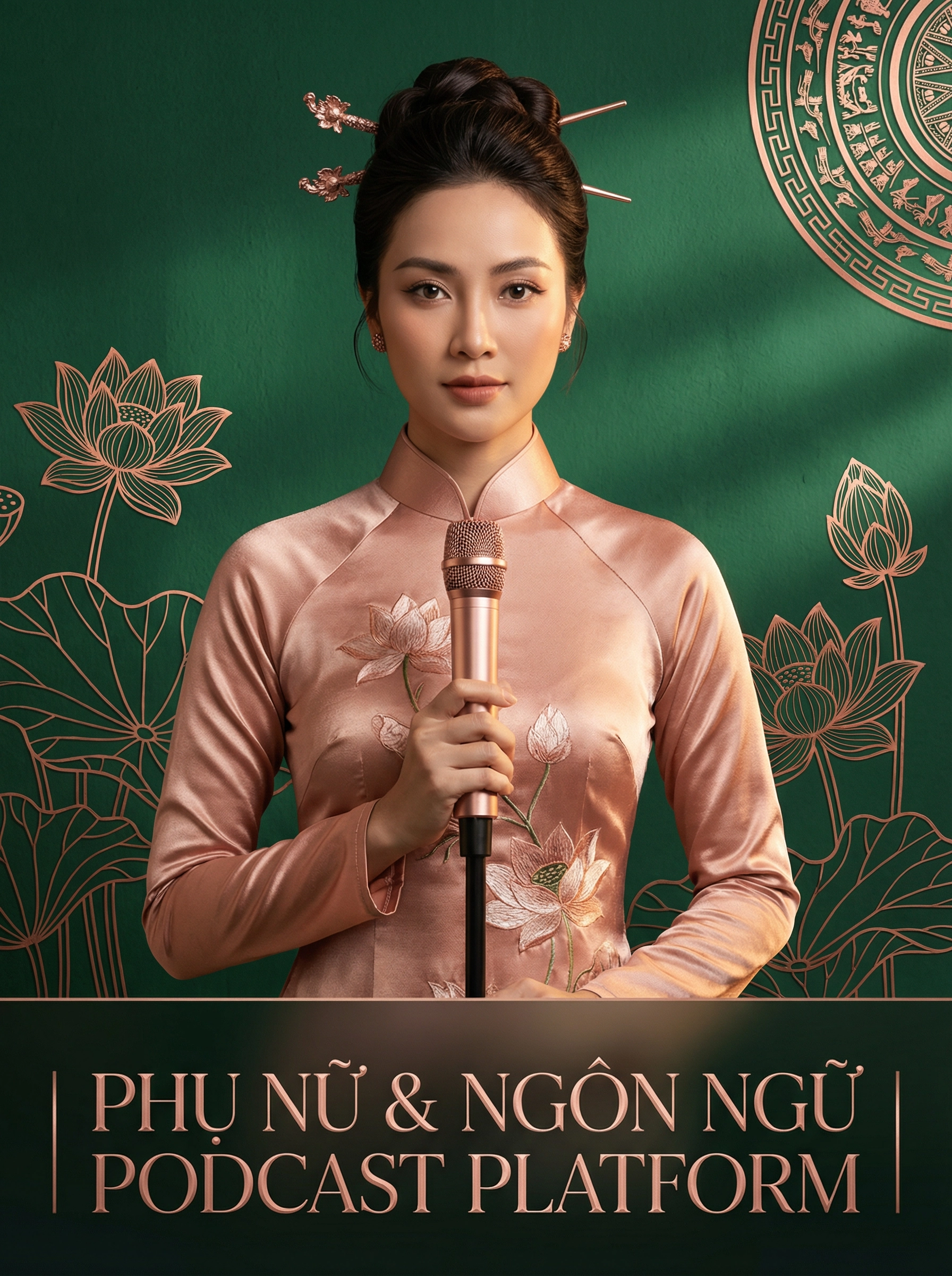 Elegant Vietnamese woman in rose gold Ao Dai with lotus embroidery holding a microphone — SHEQONOMI Vietnamese Channel
