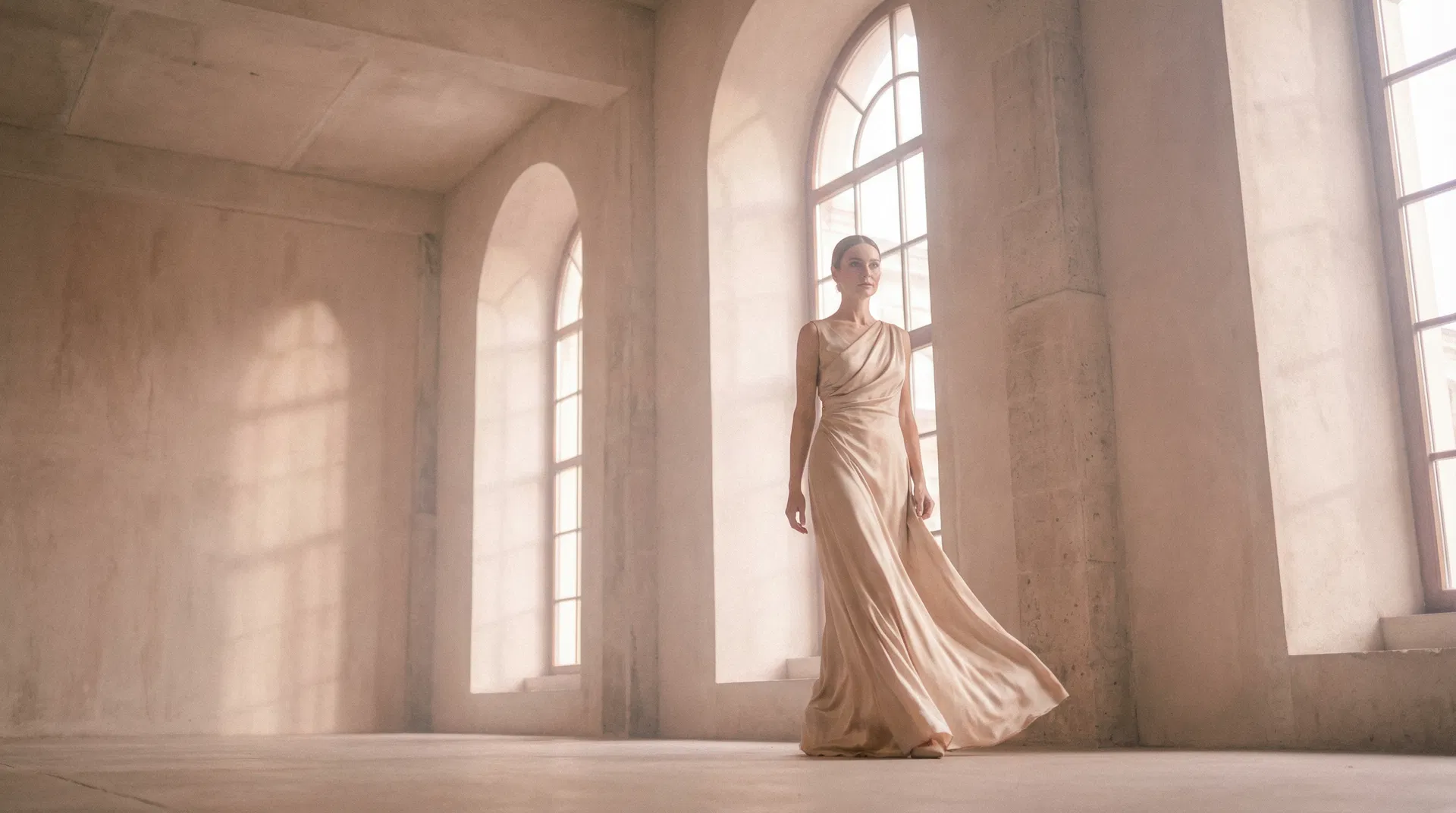 Fashion editorial — elegant woman in flowing silk dress in minimalist architectural space