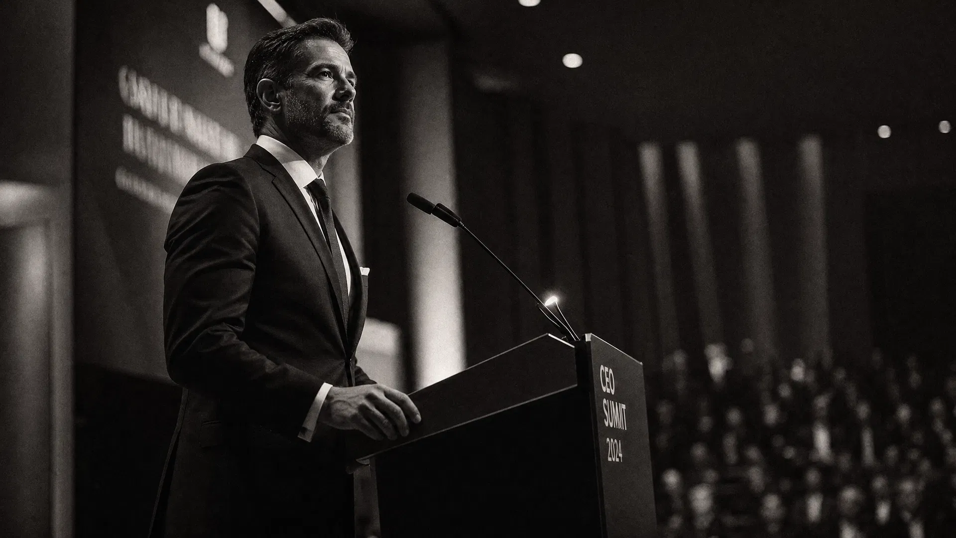 Executive speaking at conference