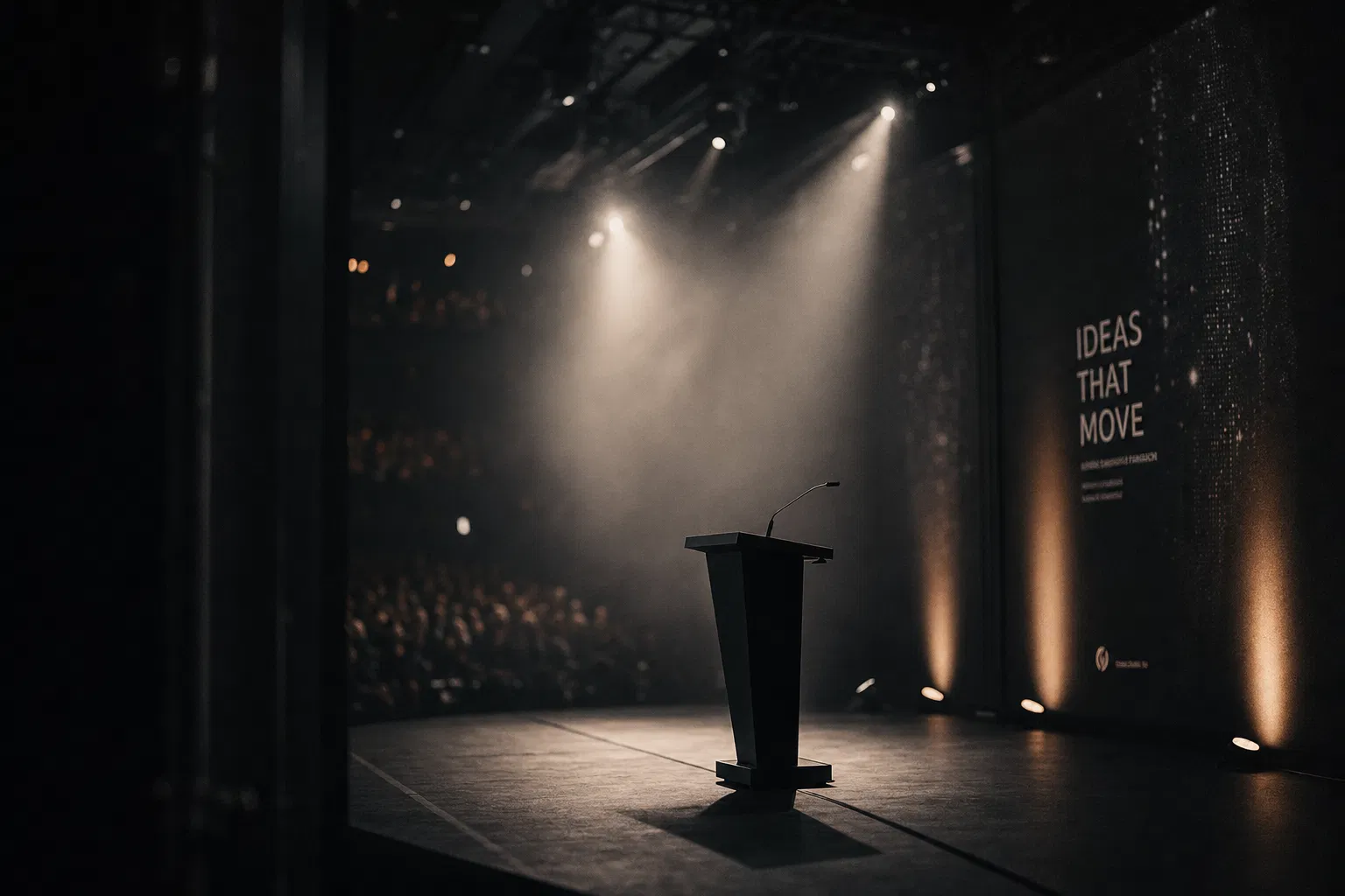 Conference stage with dramatic lighting