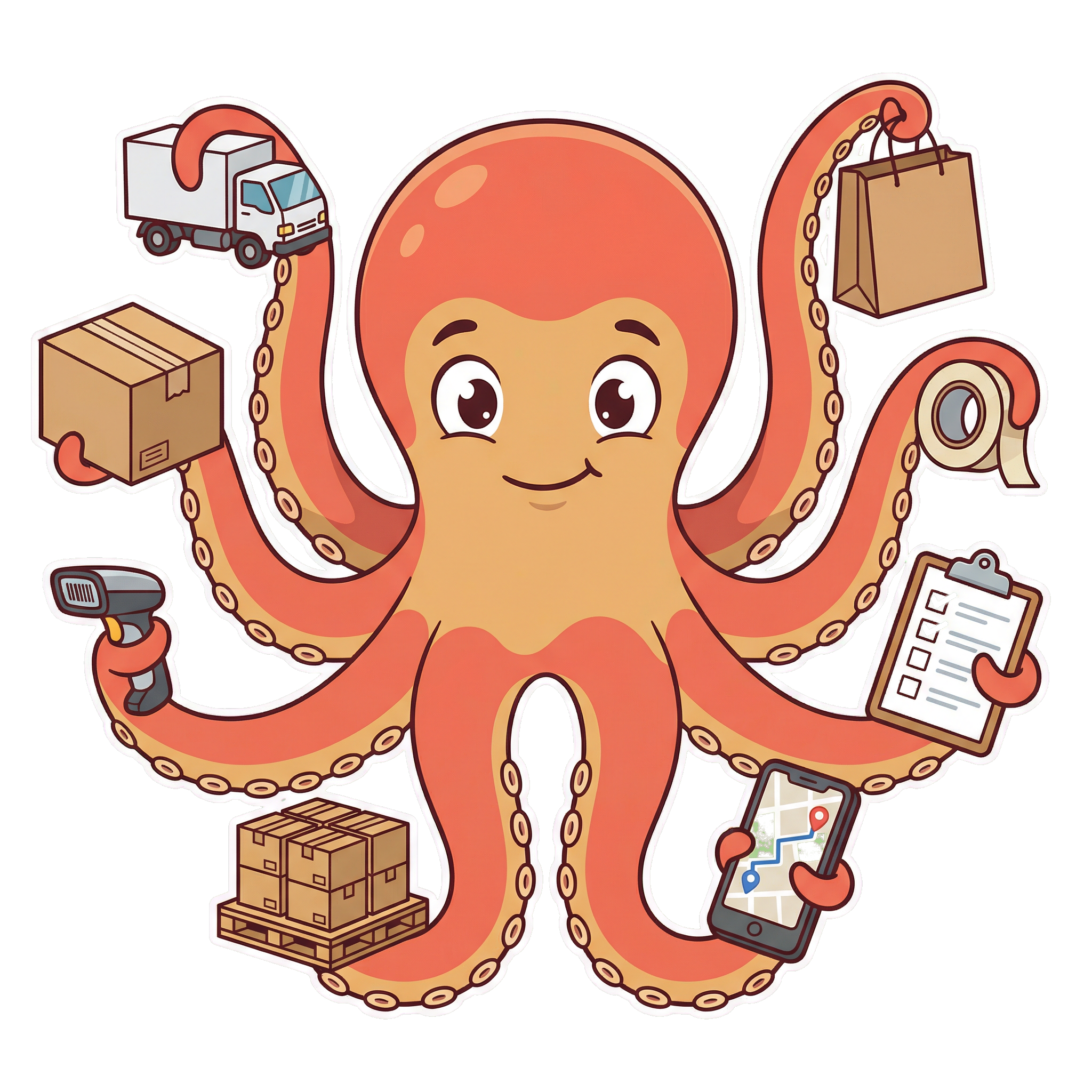 Seth the octopus mascot holding 3PL logistics items in each of his 8 arms