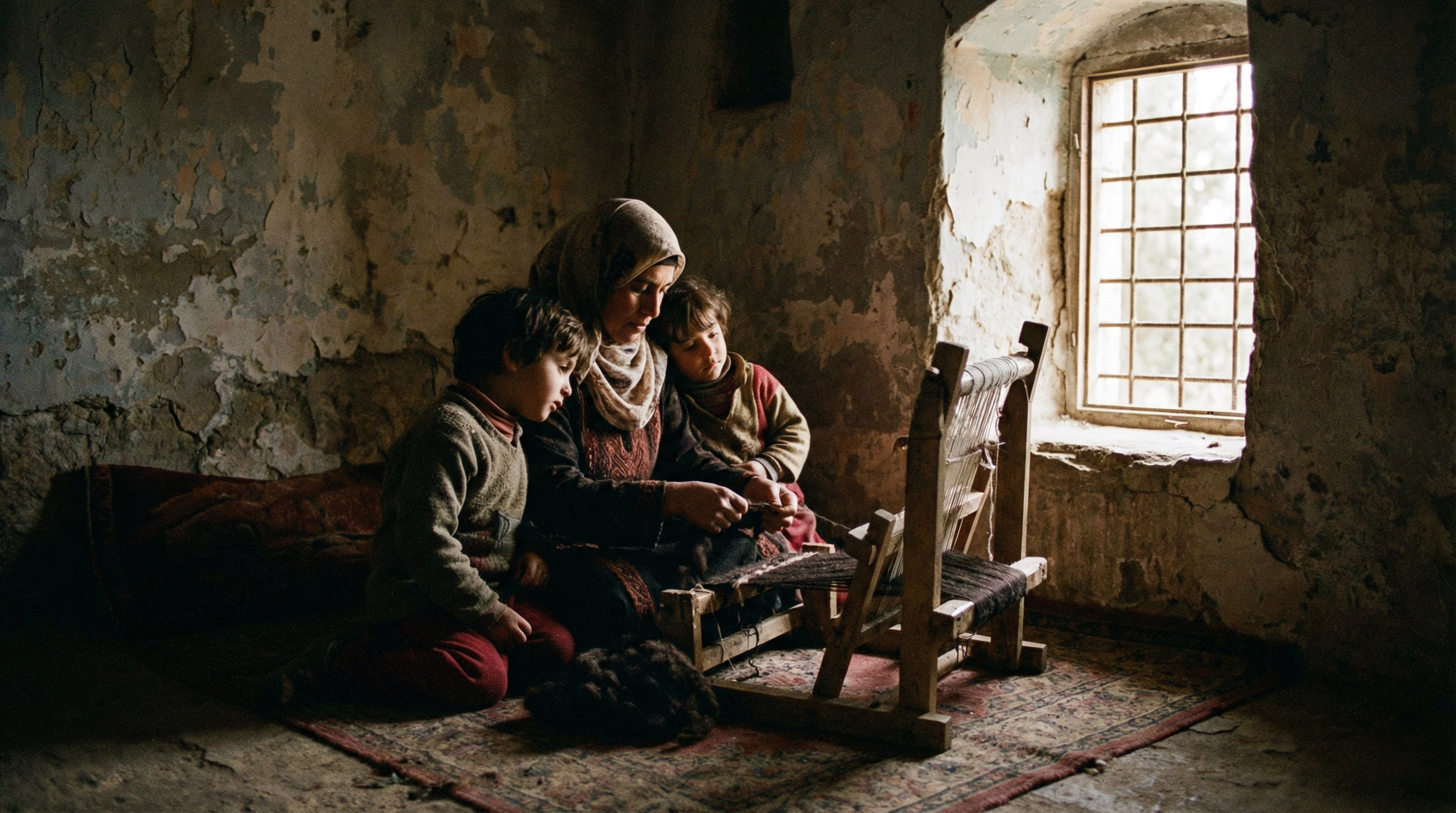 Palestinian mother weaving with her children