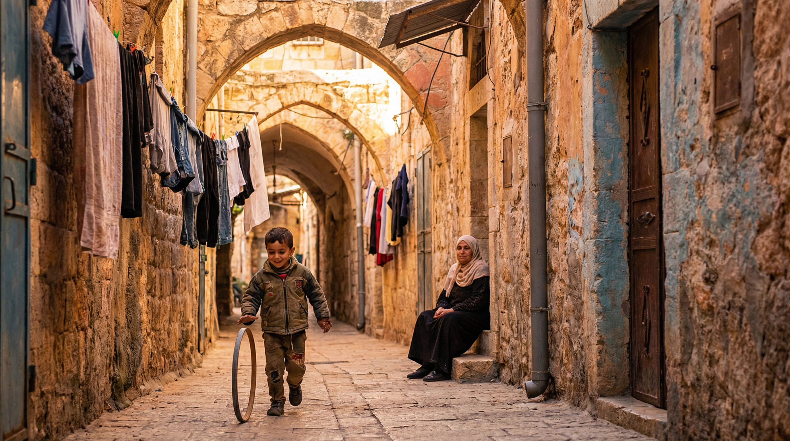 Child playing in a Palestinian old city alleyway