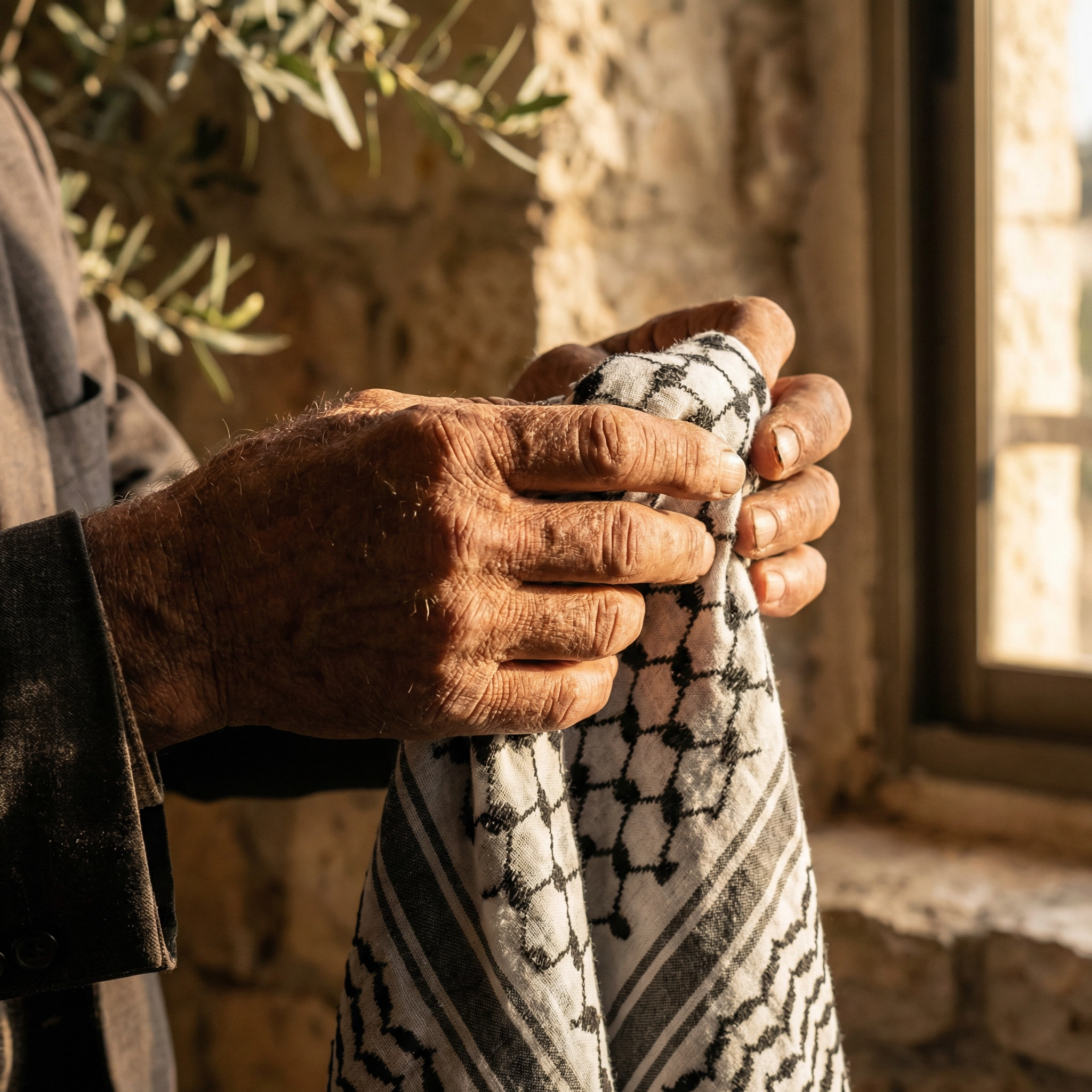 Weathered Palestinian hands holding a kufiya scarf