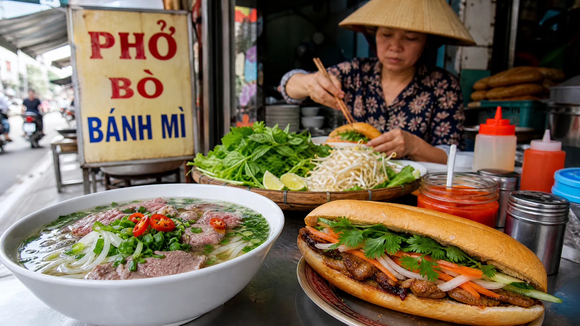 Vietnamese street food, fresh pho and banh mi, authentic local cuisine