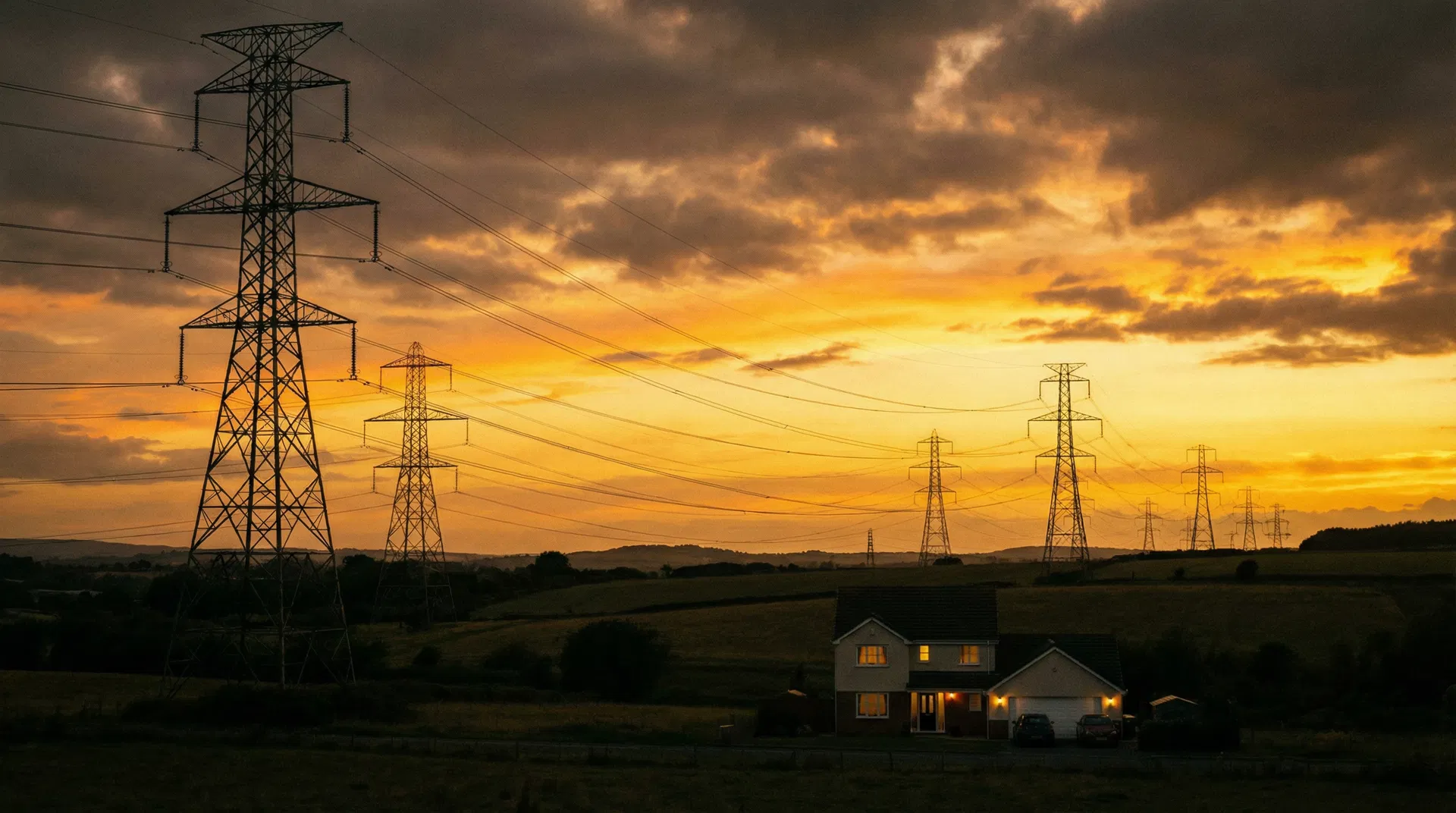 Power lines and transmission towers at sunset