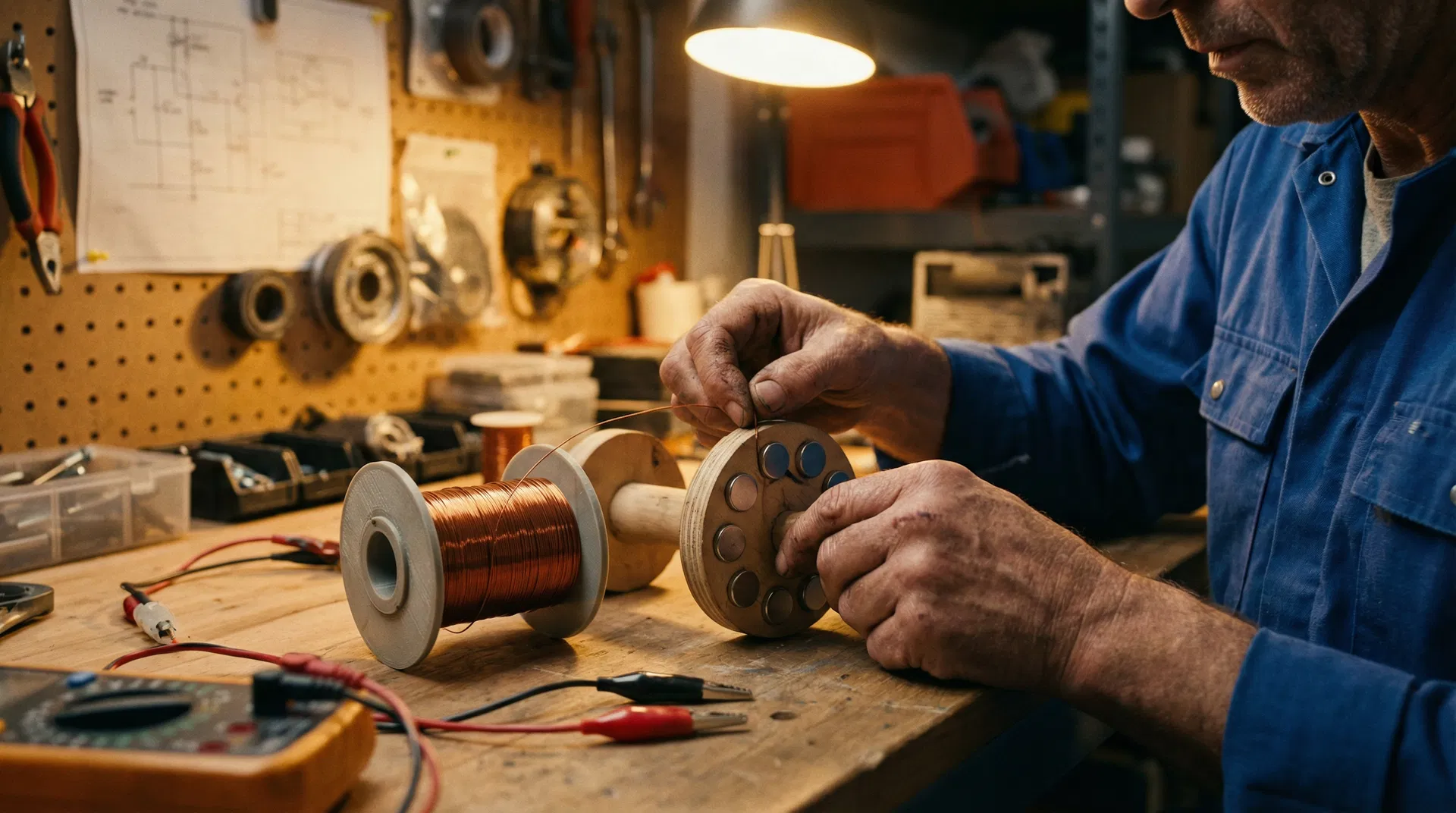 Man building a homemade power device in his workshop