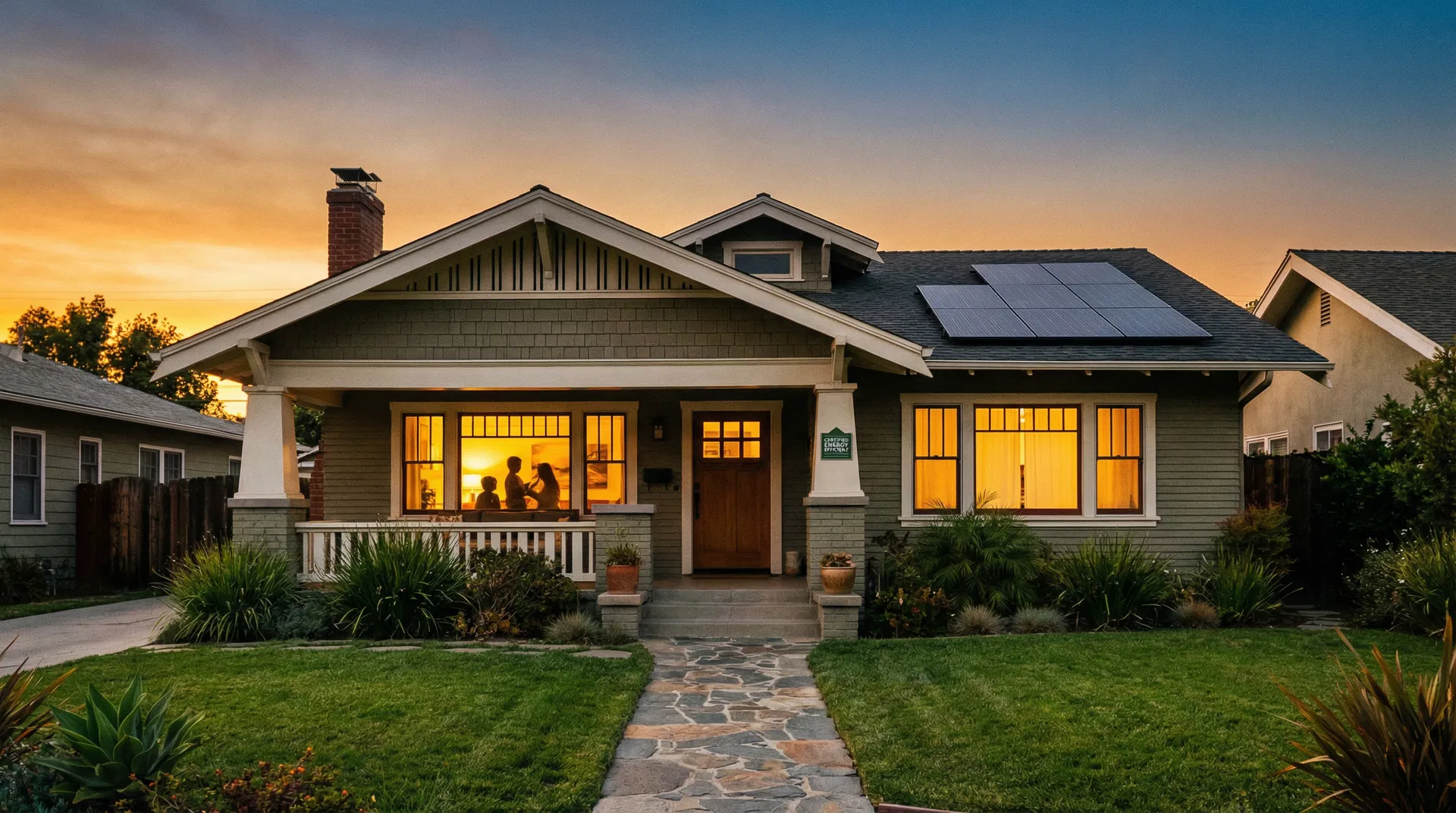 A cozy American home at sunset with warm lights