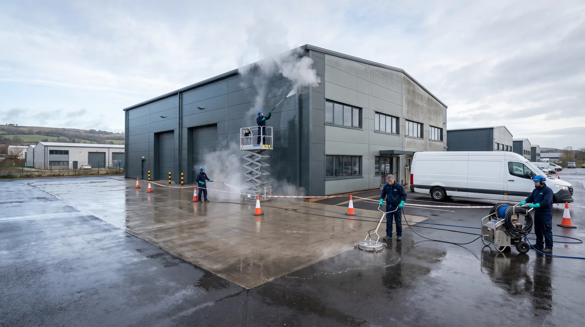 Commercial frontage and forecourt being cleaned