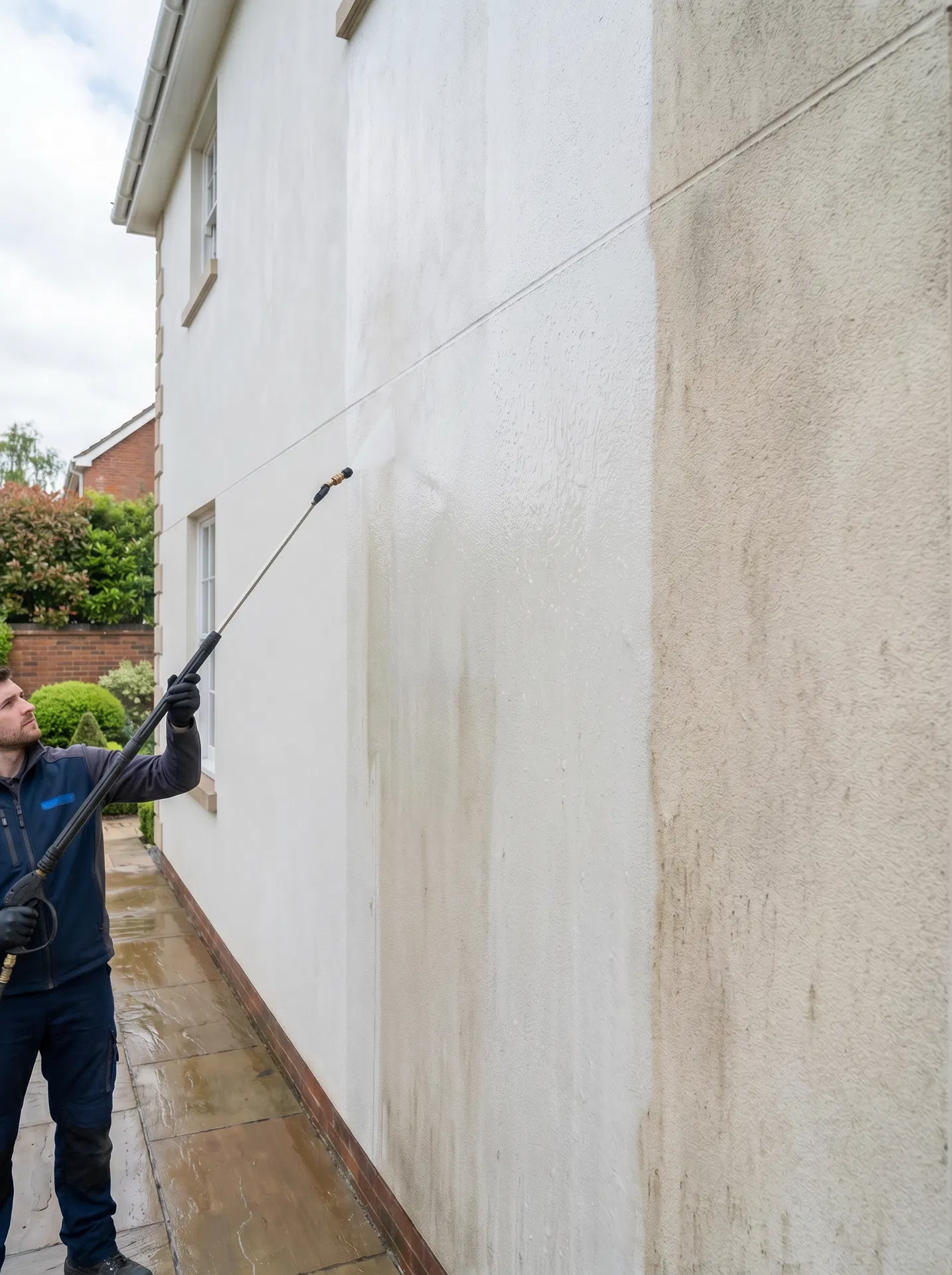 Soft washing and render cleaning on a house exterior