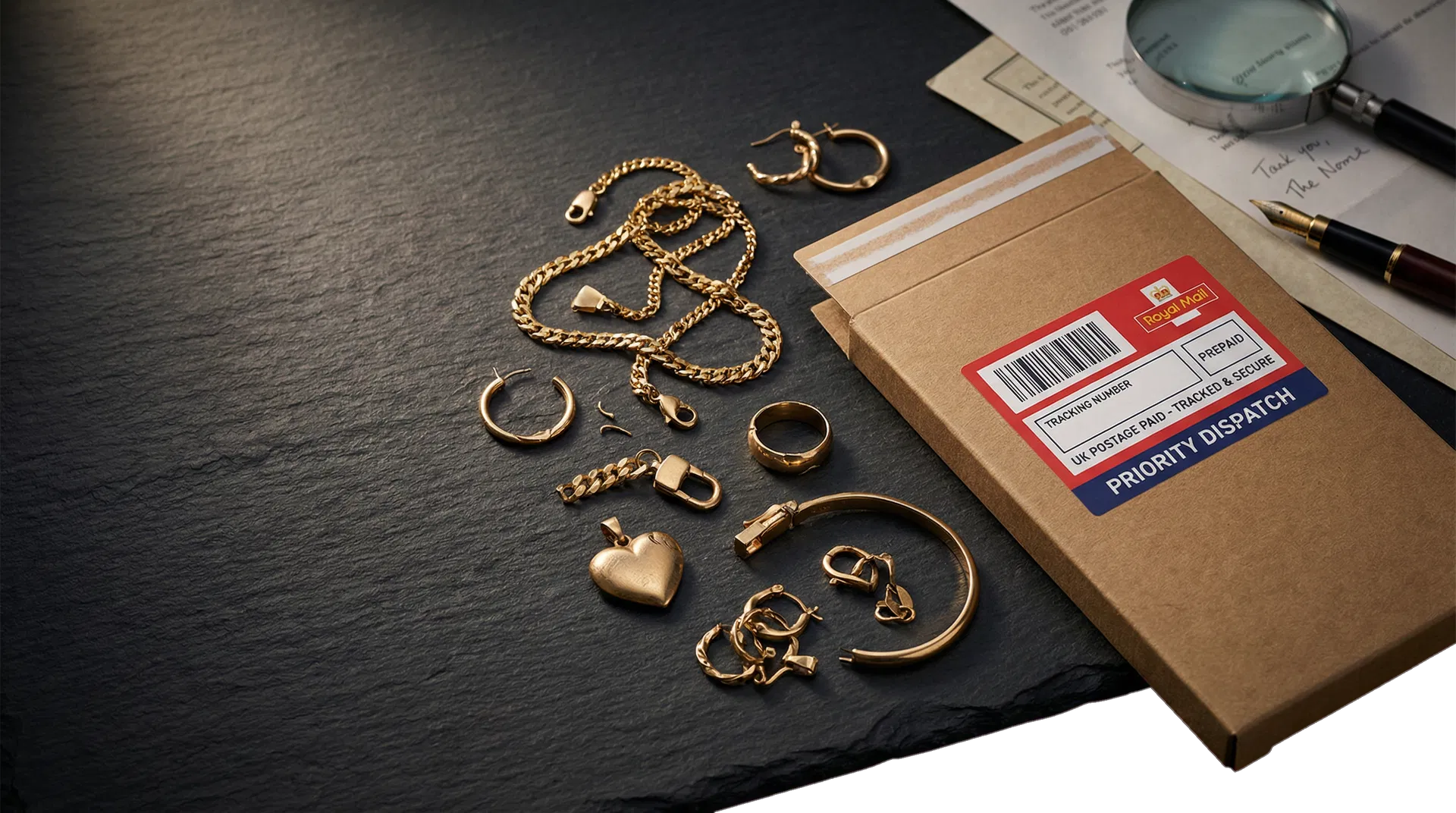 Scrap gold and jewellery laid out beside a prepaid postal mailer