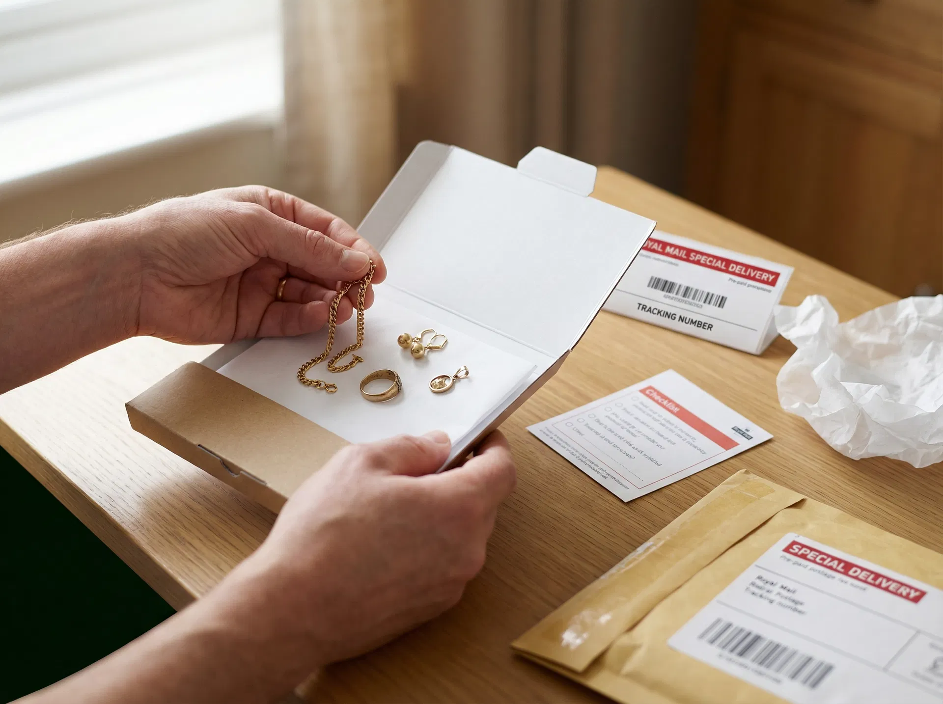 Packing unwanted gold jewellery into a mailer ready for insured UK postage