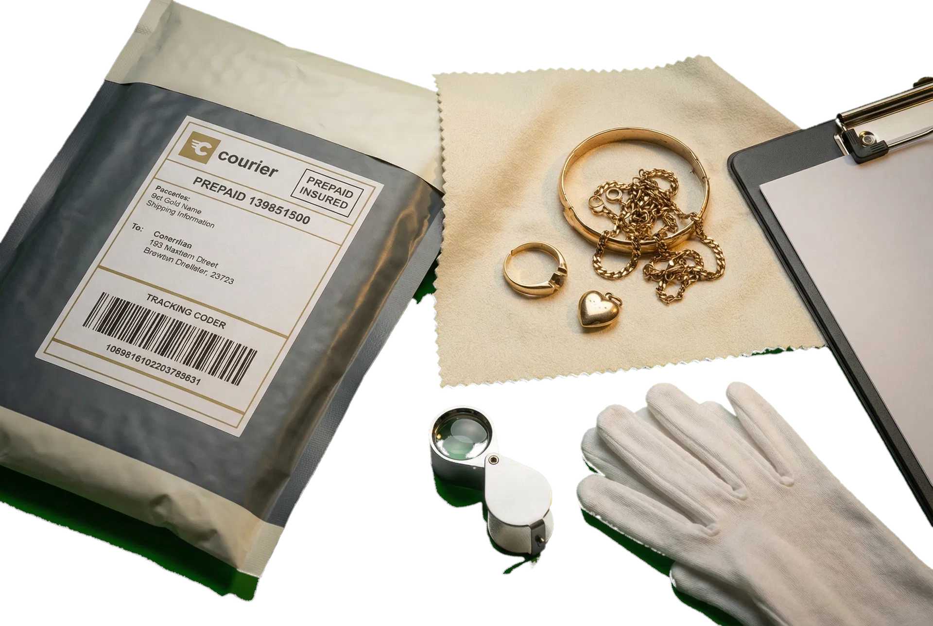 Sealed mailer and jewellery arranged to show careful insured handling