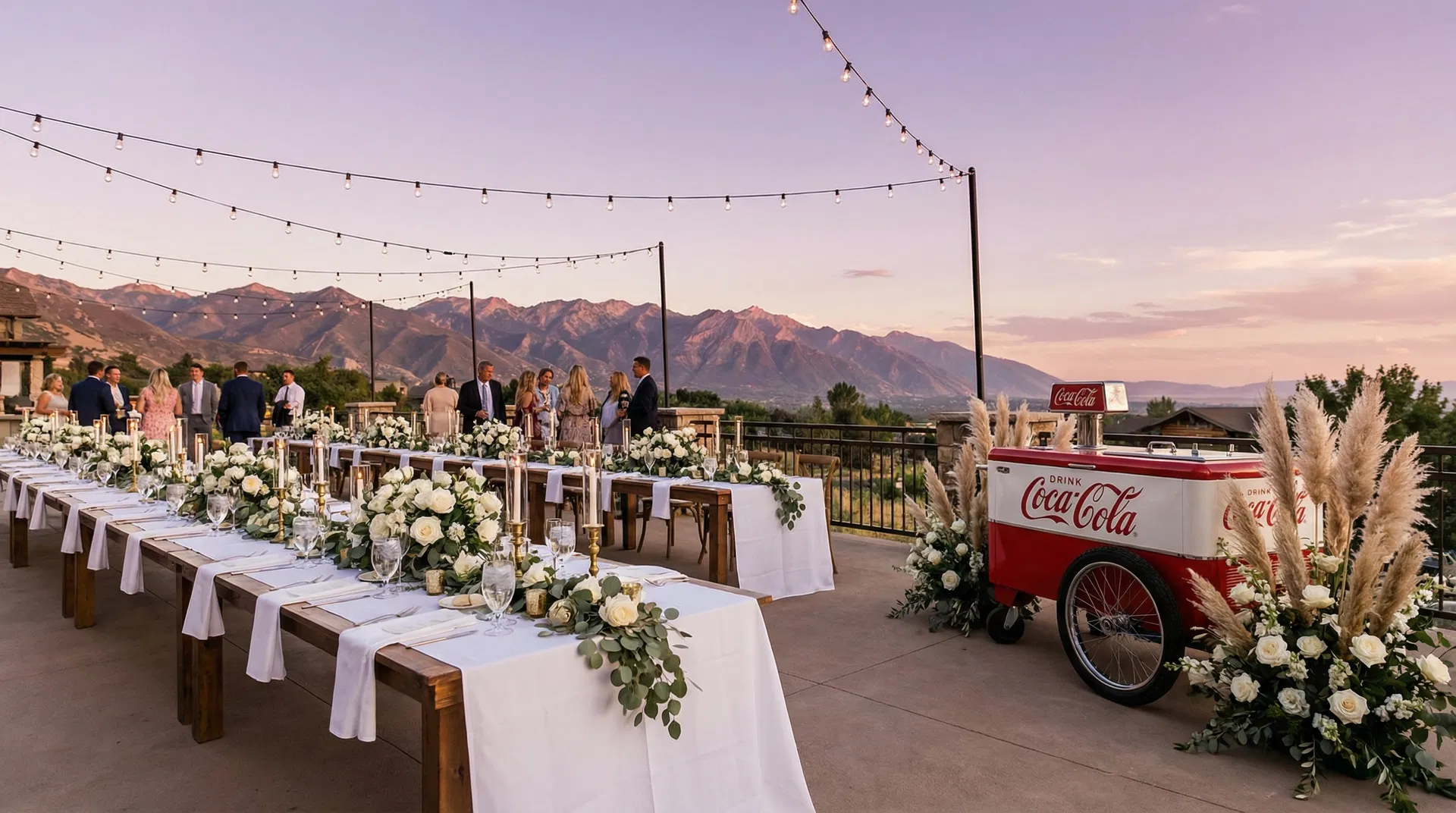 Outdoor wedding venue with string lights