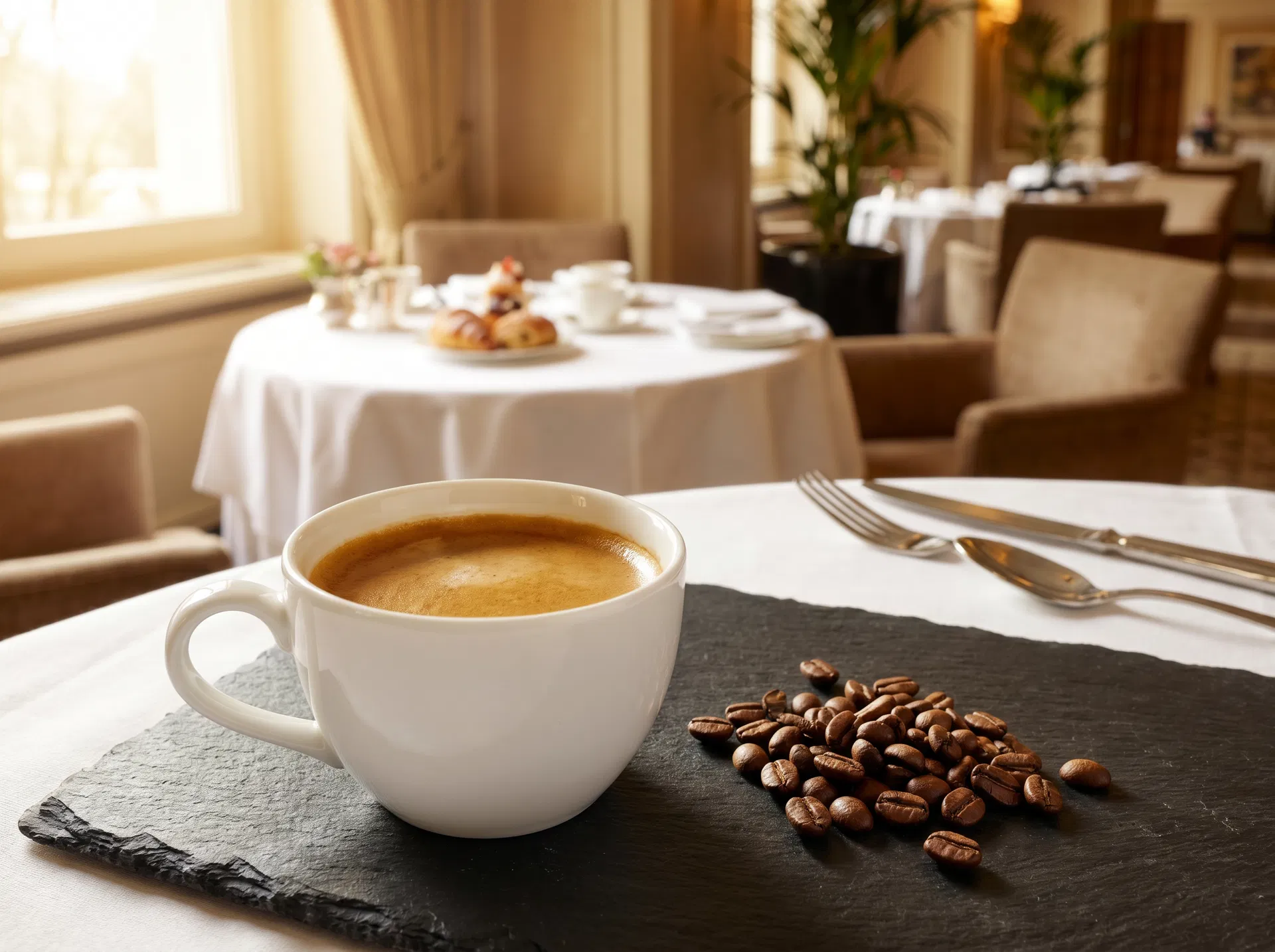 Frisch zubereiteter Kaffee im Frühstücksbereich eines Beherbergungsbetriebs