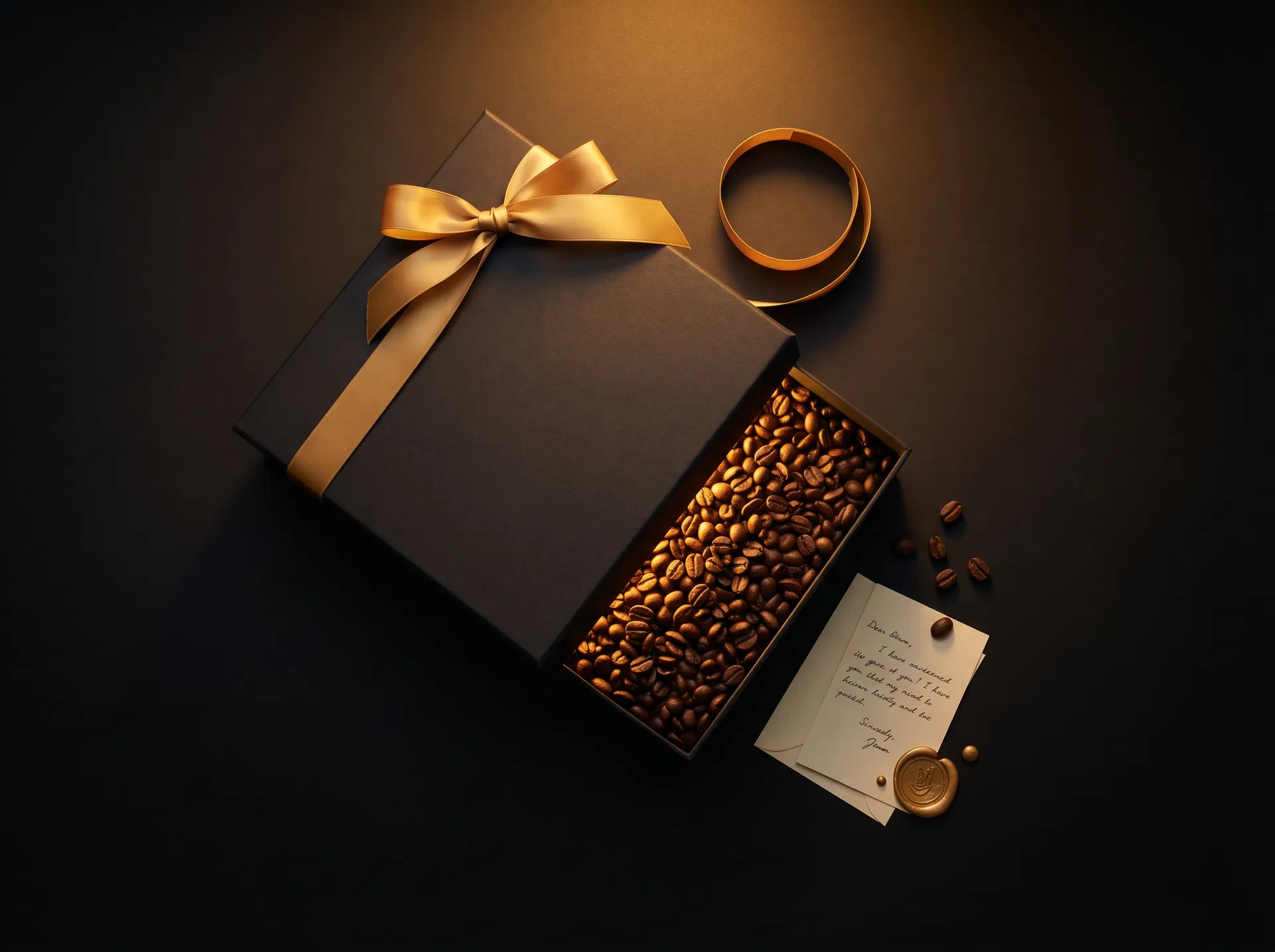 Kennenlern-Box von mehr kaffee – schwarze Geschenkbox mit goldener Schleife und Kaffeebohnen