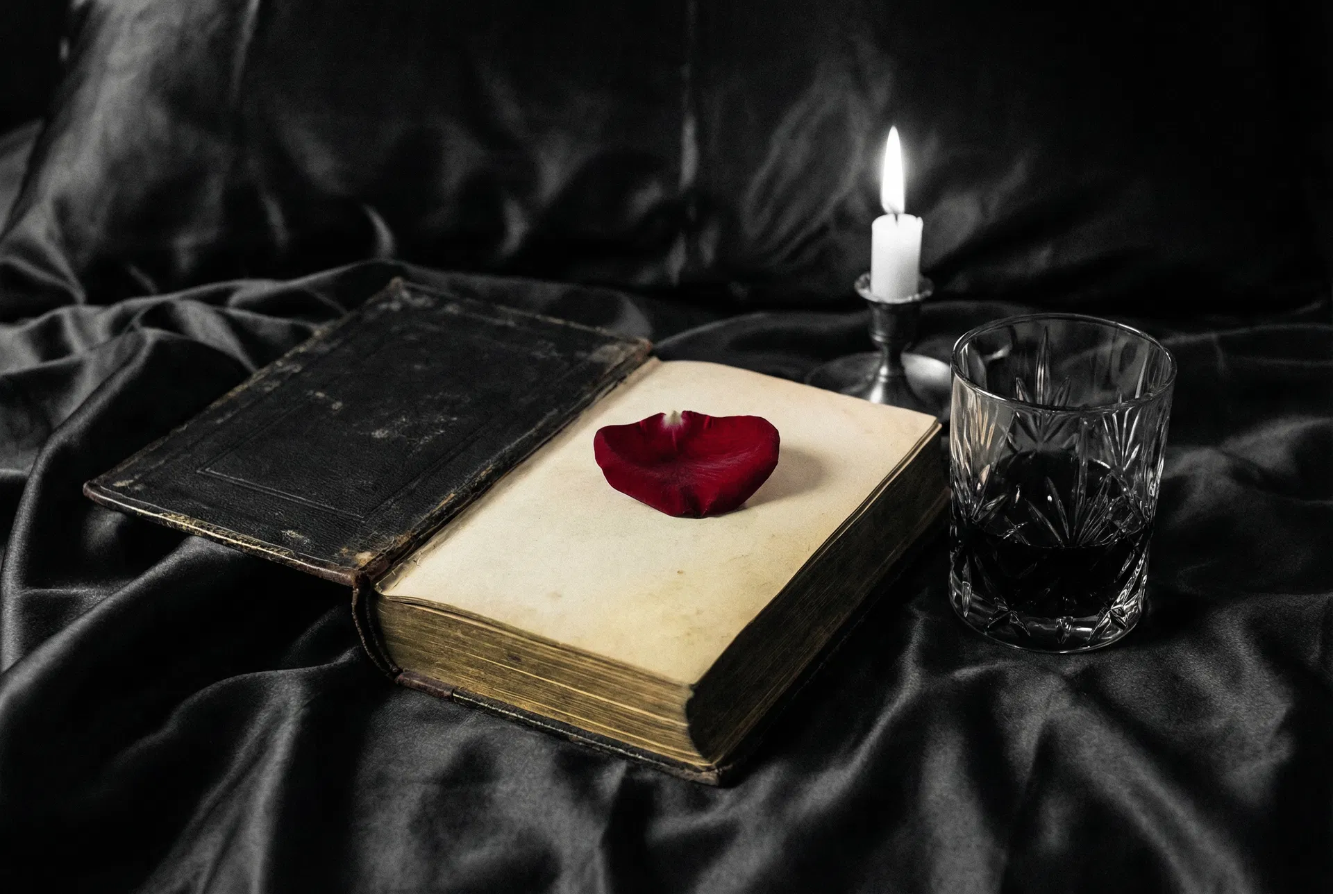 Leather-bound book with rose petal