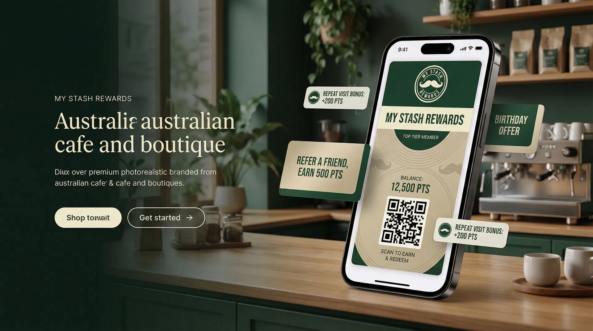 My Stash Rewards wallet pass on a smartphone in a premium cafe setting