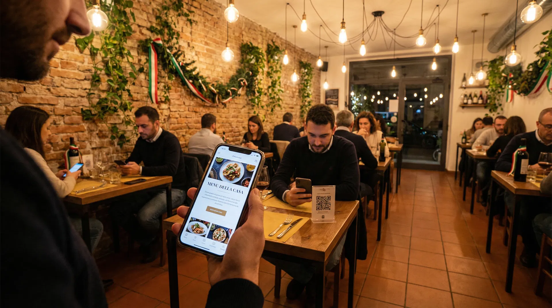 Customers scanning QR code in Italian trattoria