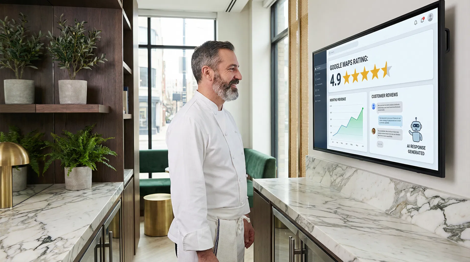 Restaurant owner viewing analytics dashboard