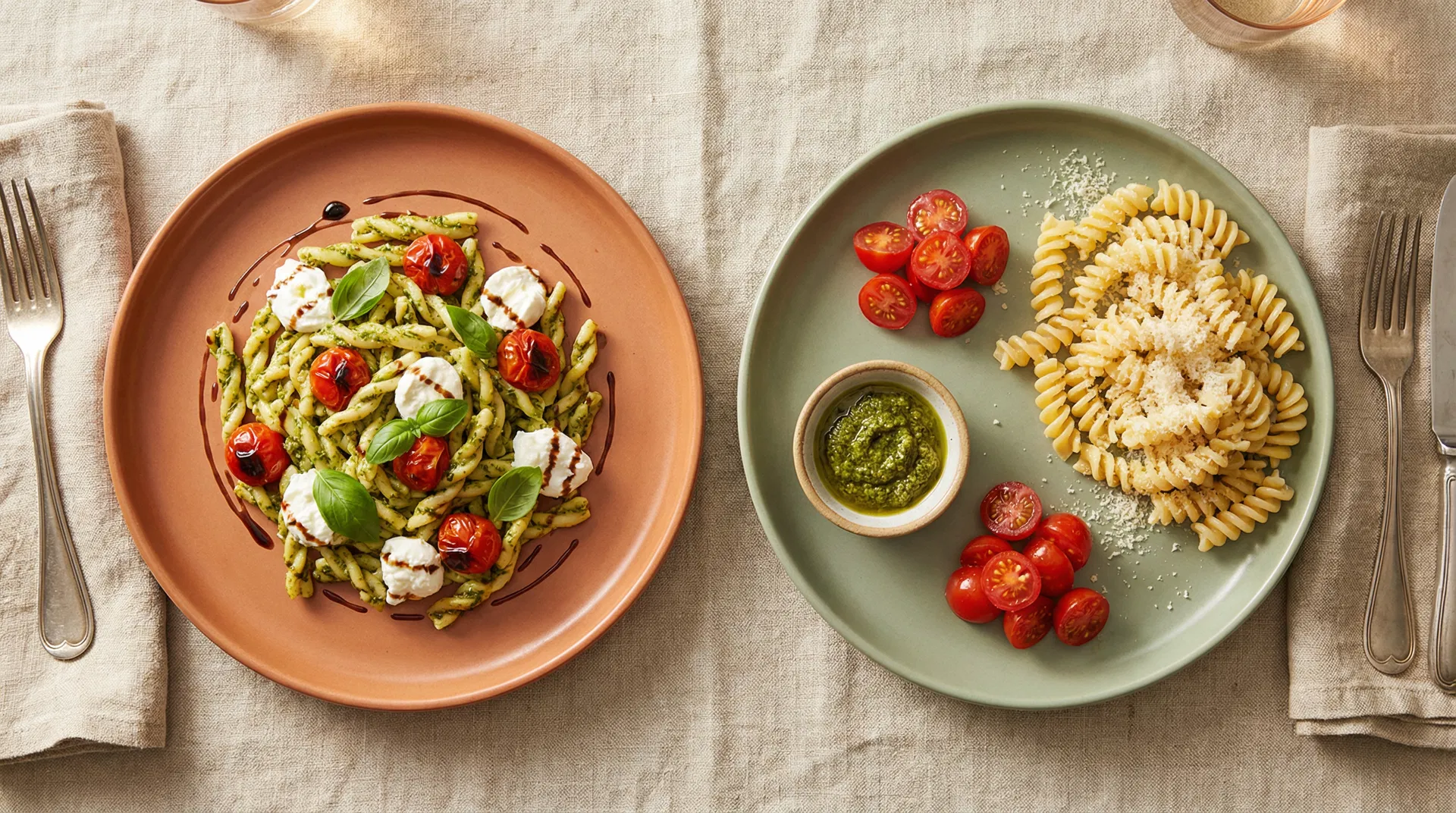 One pasta dish served two ways — adult pesto pasta on the left, kid-friendly plain pasta with toppings on the side on the right