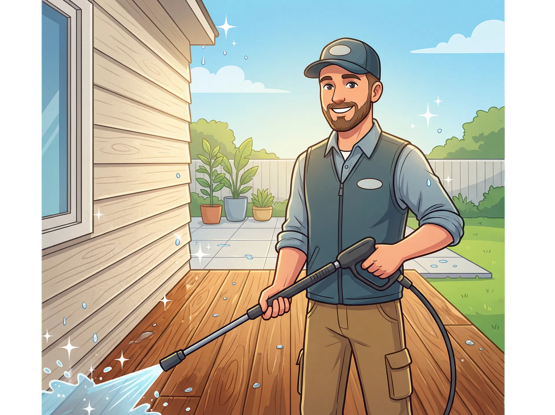 Illustrated owner pressure washing beside a clean deck