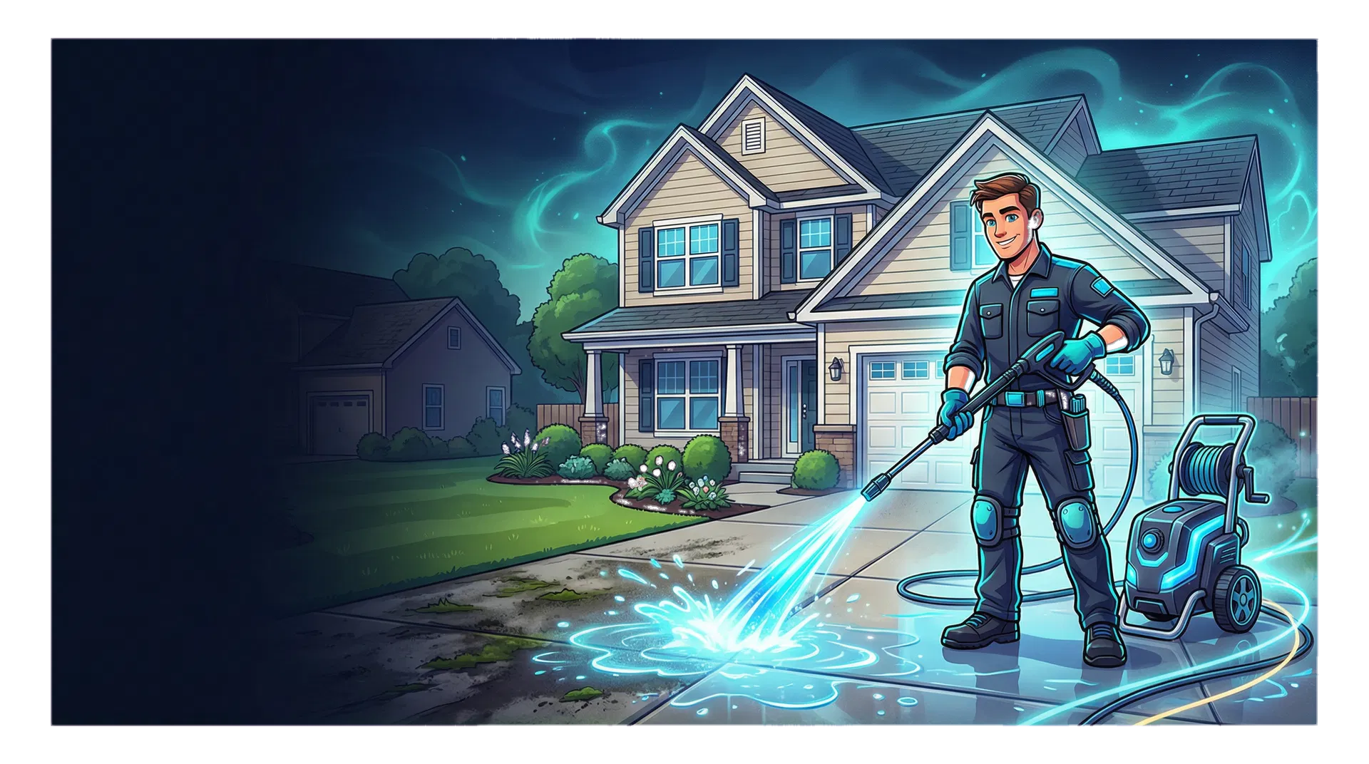 Cartoon pressure washing hero scene