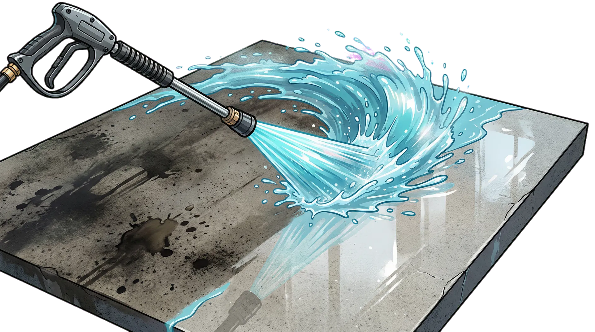 Illustrated pressure washer cleaning concrete