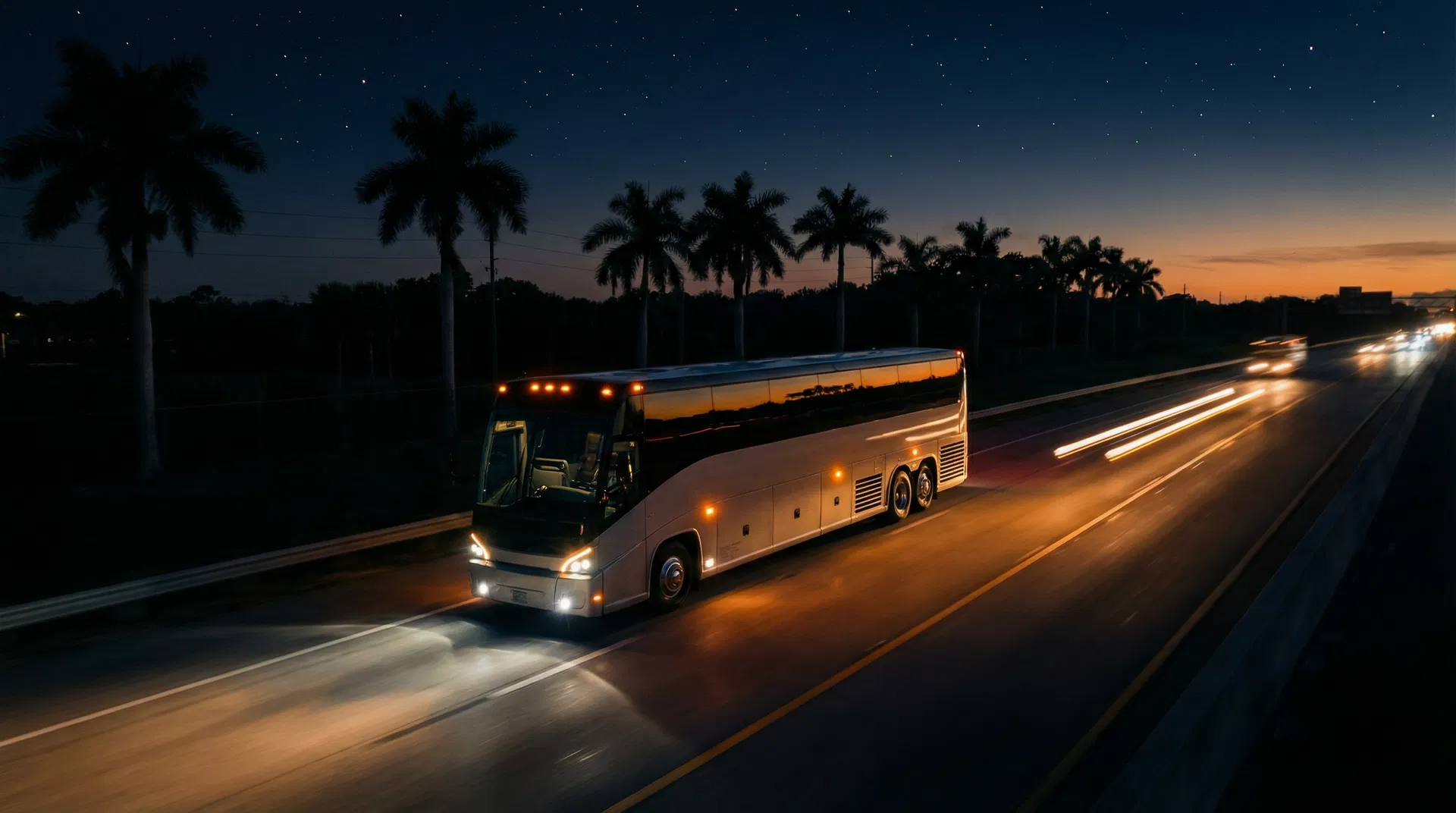 Premium charter bus on highway at night