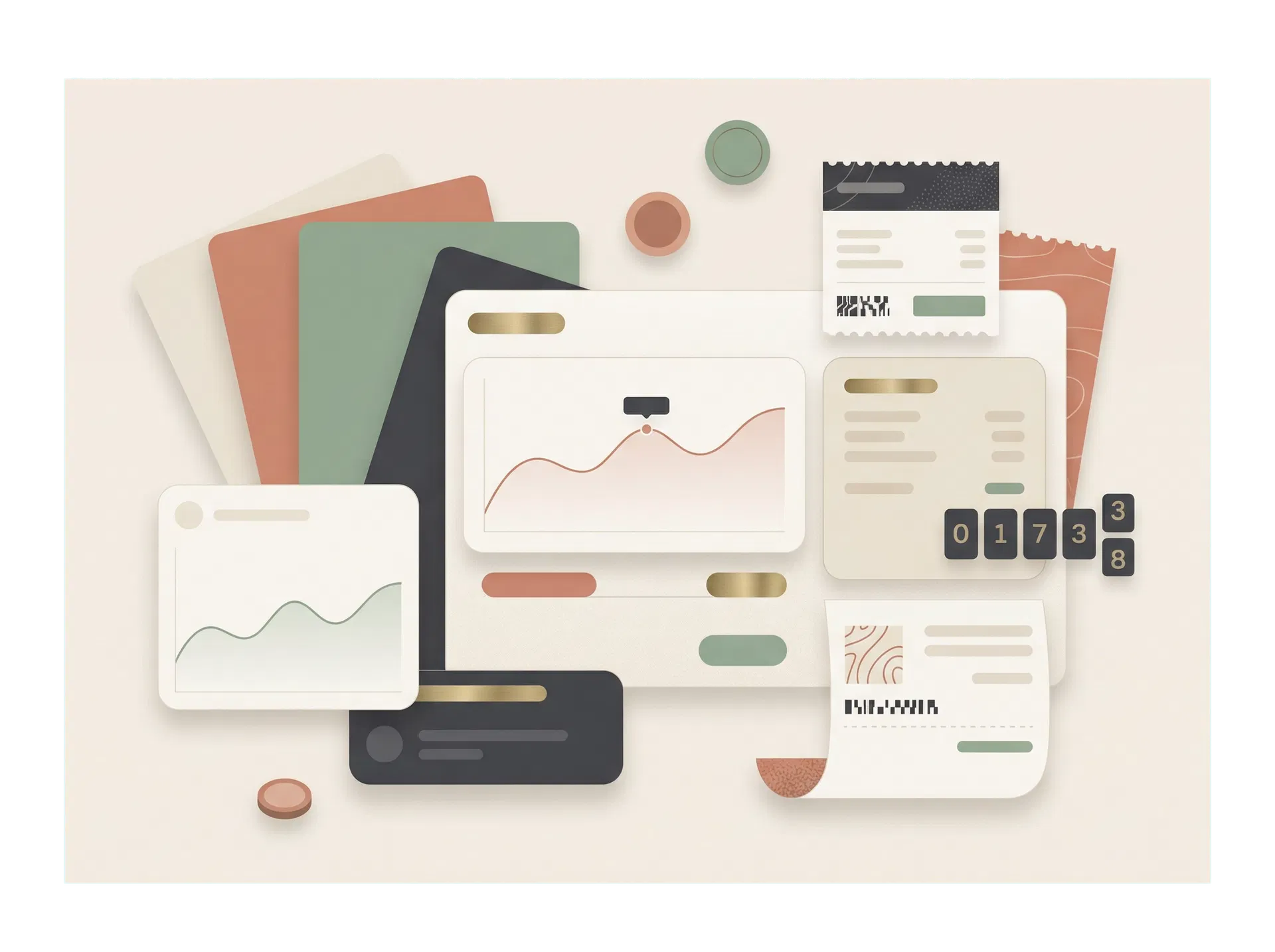 Illustrazione editoriale con pannelli UI e documenti stilizzati collegati alla stima dello stipendio netto