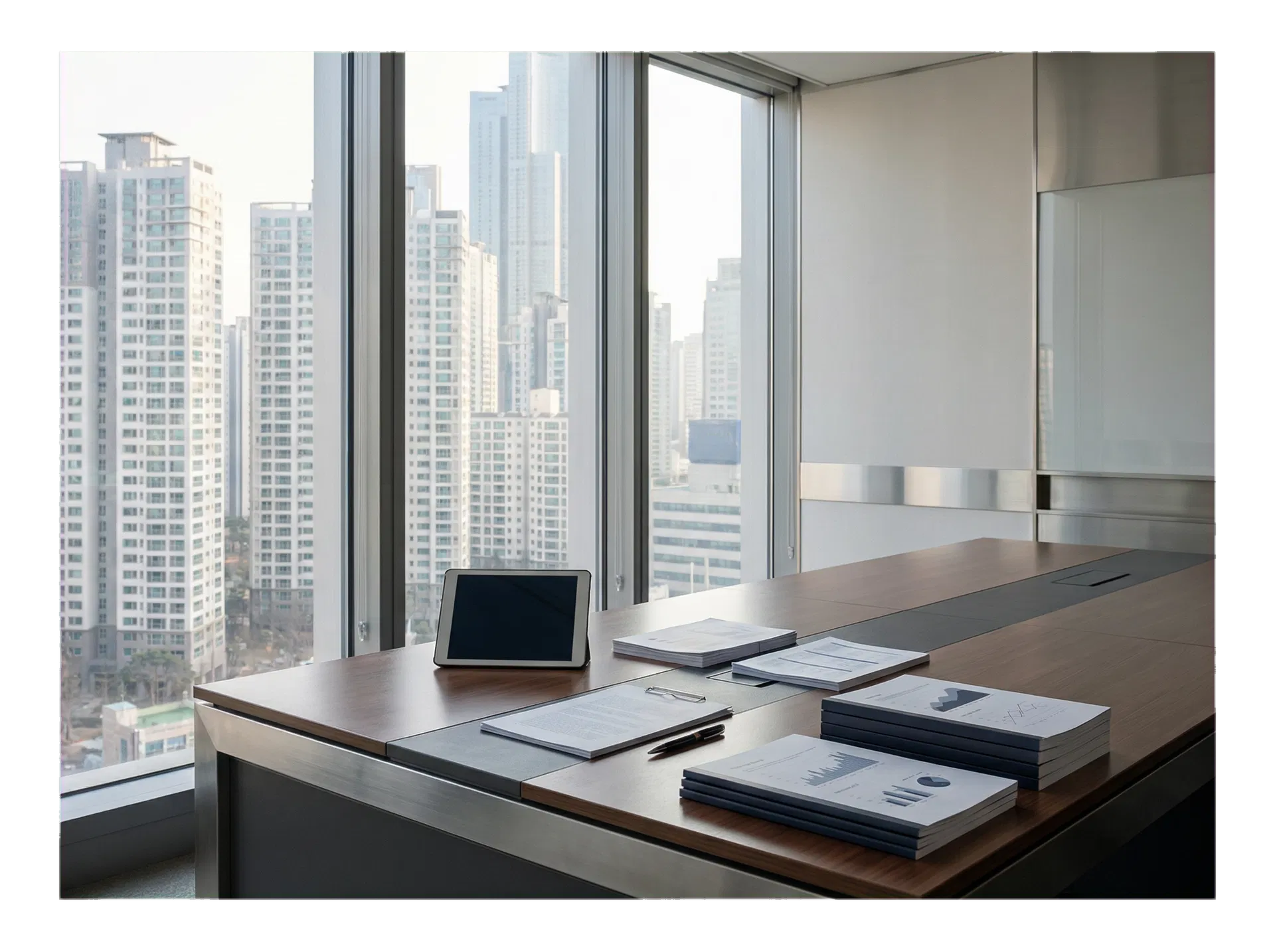 Conference room overlooking high-rise apartment buildings