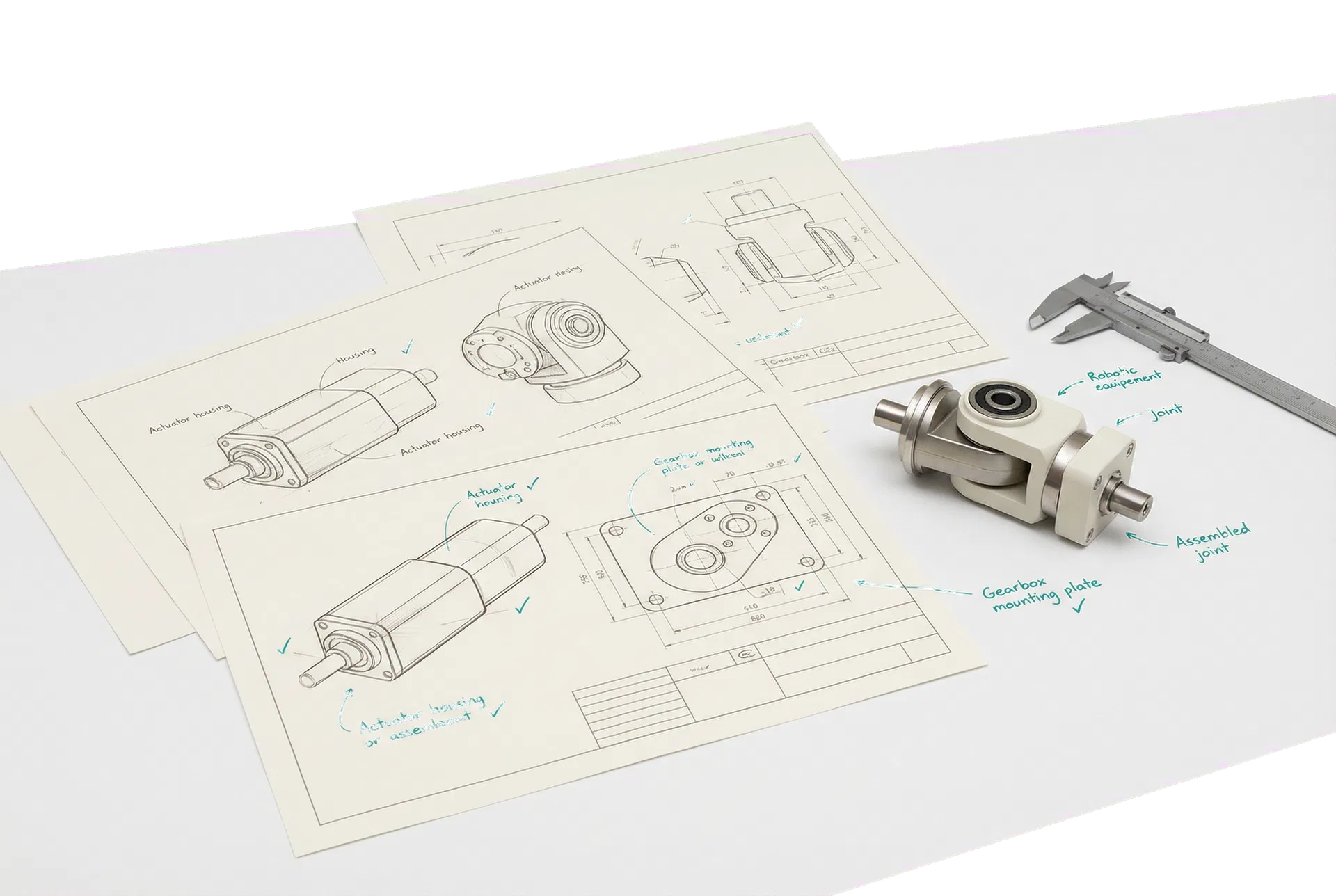 Engineering review sheets and actuator assembly on a clean work surface