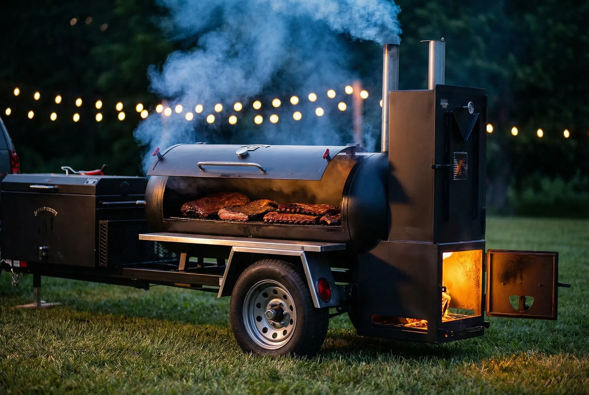 Texas BBQ offset smoker trailer with smoke billowing