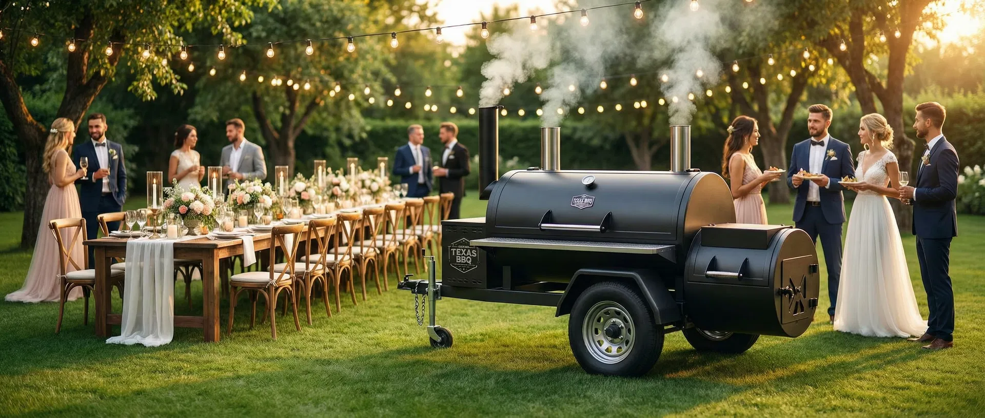 Texas BBQ smoker trailer at an elegant outdoor wedding