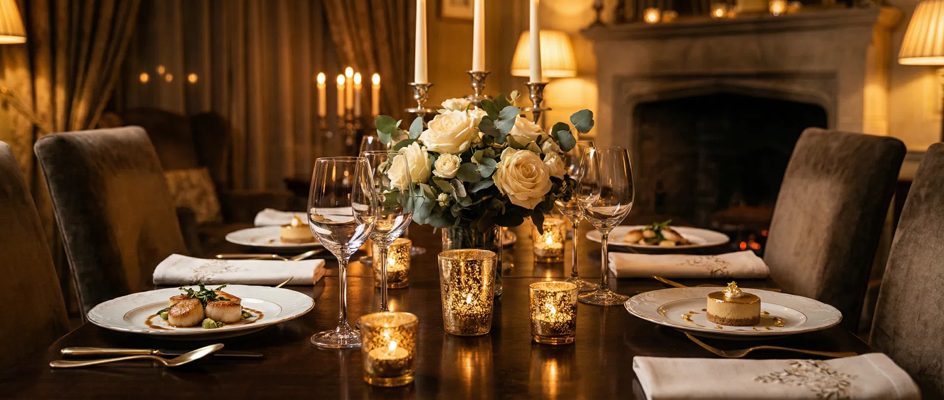 Luxury private dining table setting with candles and flowers