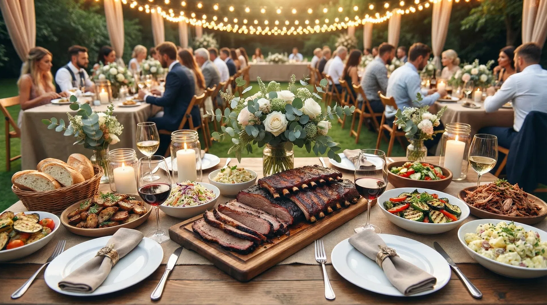 Elegant outdoor wedding table with premium BBQ platters