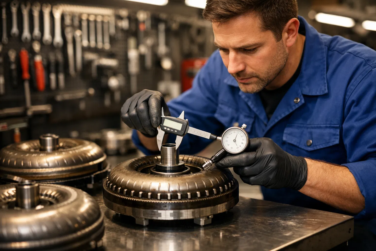 Técnico realizando retífica de conversor de torque