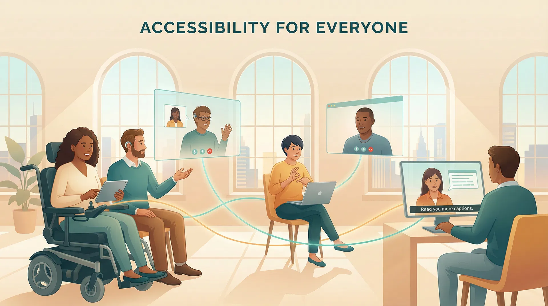 Diverse group of people in an accessible virtual meeting — wheelchair user, hearing aid wearer, sign language communicator, and caption reader all connected through digital accessibility