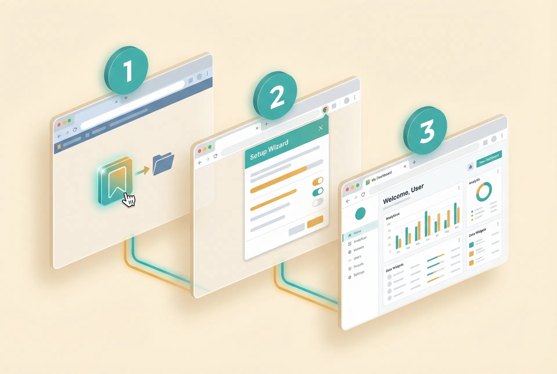 Three cascading browser windows showing the bookmarklet, extension setup, and web app dashboard installation steps